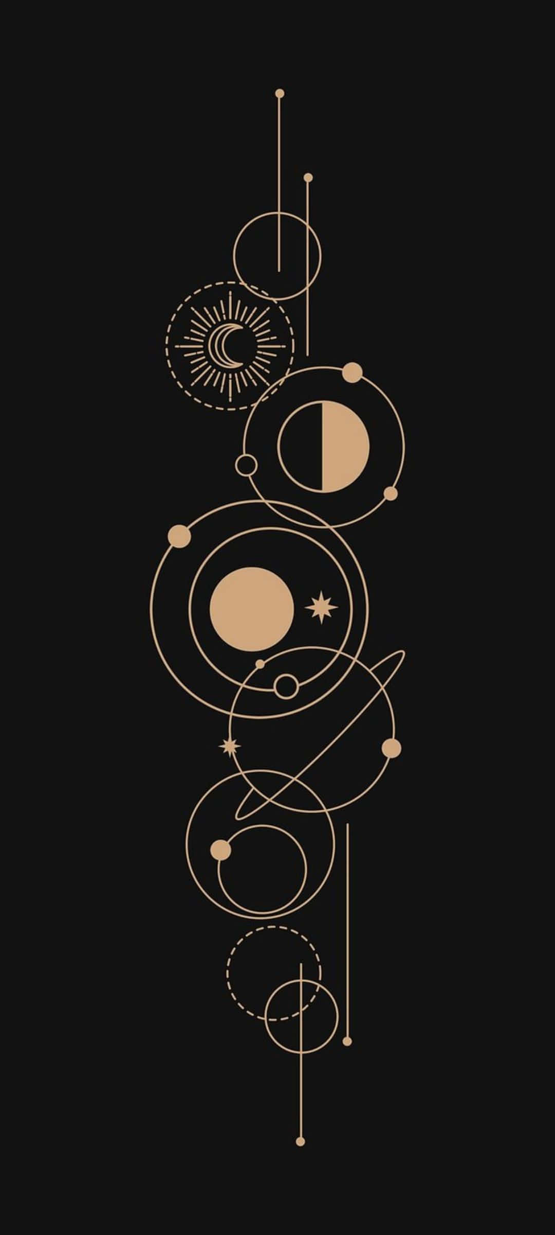 Pixel 7 桌布 壁紙 — 優雅的金色天體符號和軌道在深黑色背景上垂直漂浮，呈現極簡幾何設計。