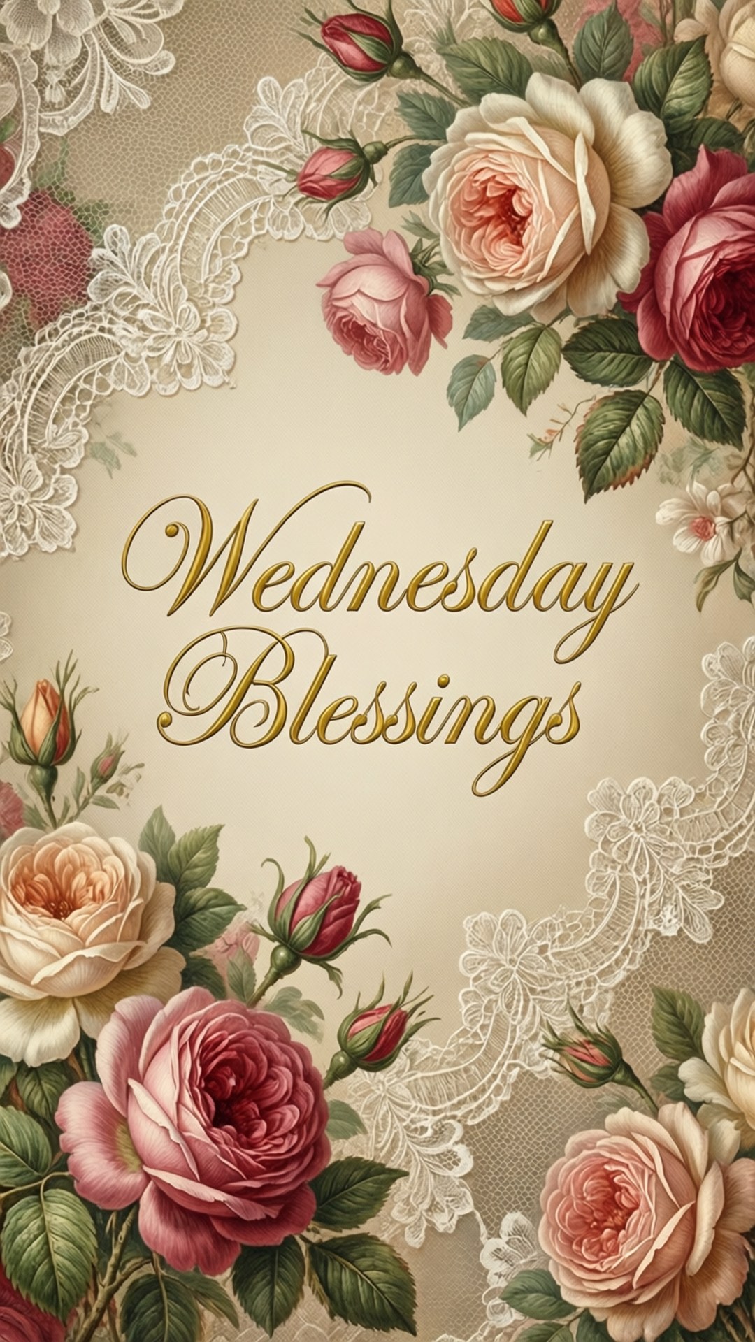 Vintage Wednesday Blessings 壁紙 — 優雅復古壁紙，以玫瑰和蕾絲框住金色草書文字 Wednesday Blessings。