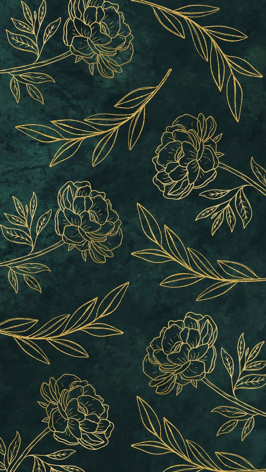  壁紙 — 優雅的金色線條繪畫牡丹和葉子，在帶有紋理的深青色背景上優雅地漂浮。