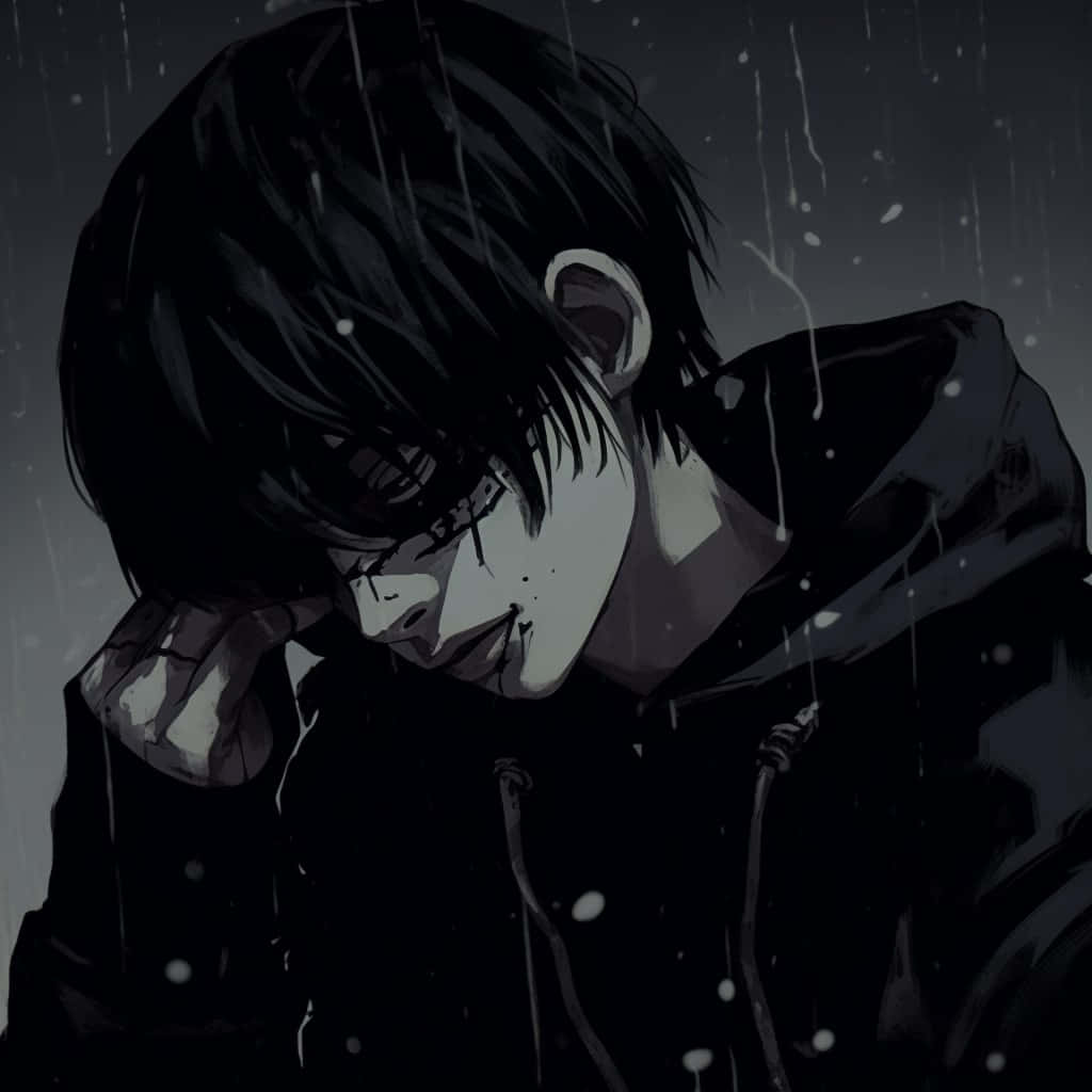  壁紙 — 一個憂鬱的動畫男孩，深色頭髮，穿著連帽衫，站在雨中，低著頭，臉被濕漉漉的髮絲半遮。