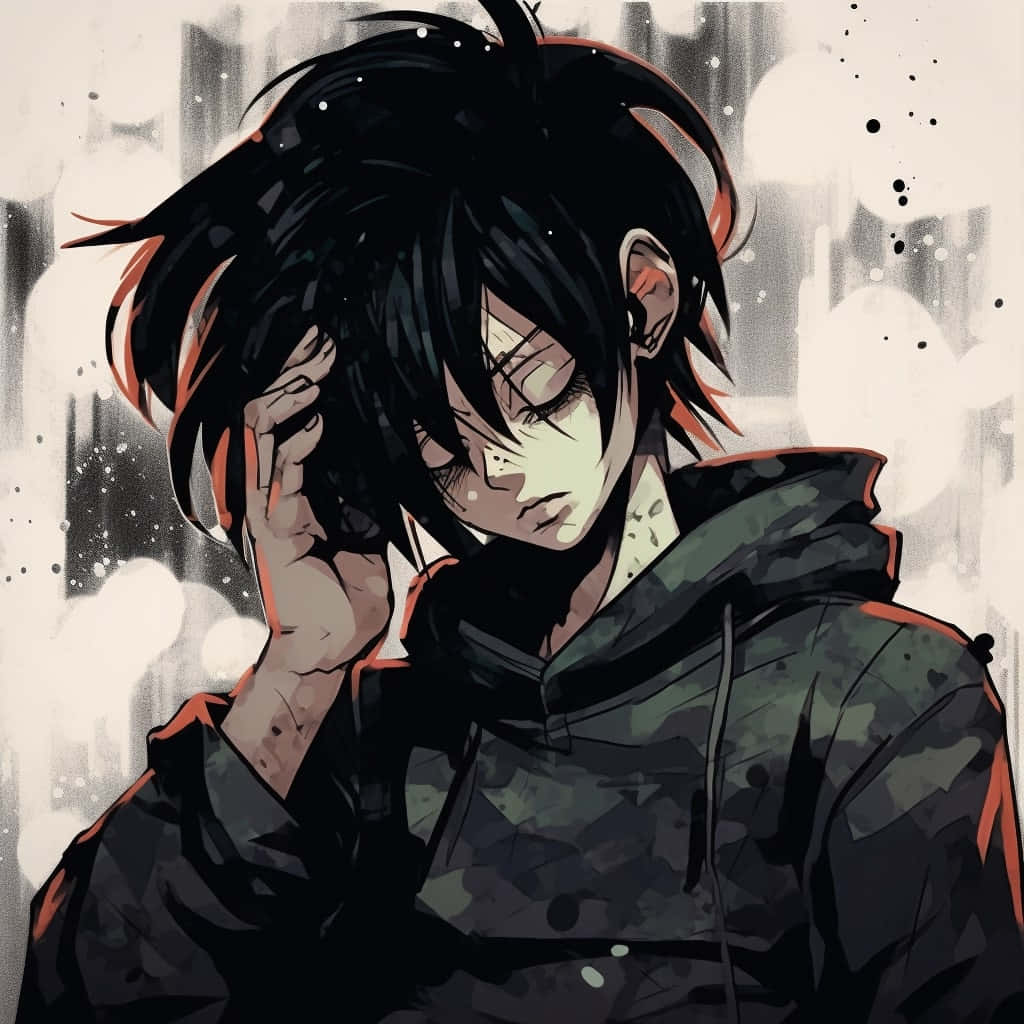  壁紙 — 一個憂鬱的動漫男孩，凌亂的黑髮帶有紅色條紋，在粗糙的城市背景下用手托著頭。