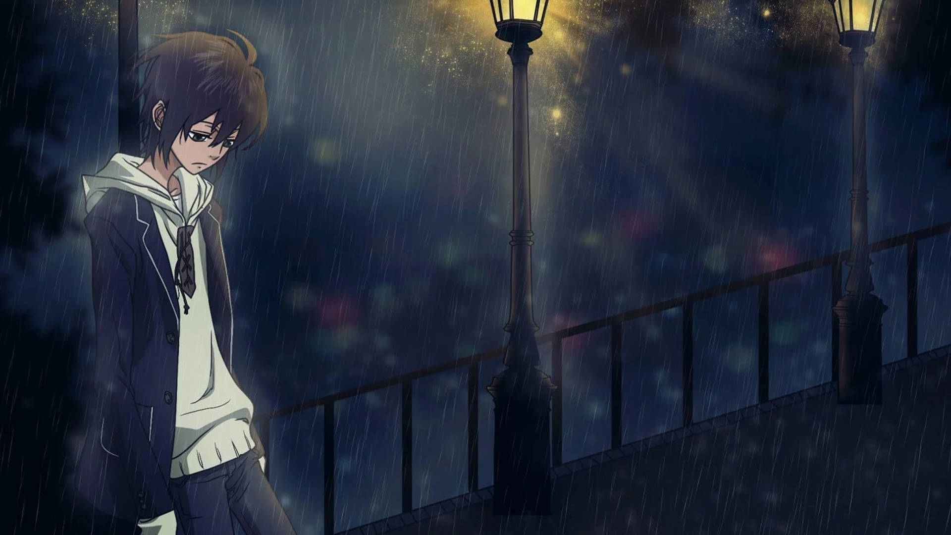 動漫男孩獨自站在雨夜橋上，路燈下 — 4K 壁紙