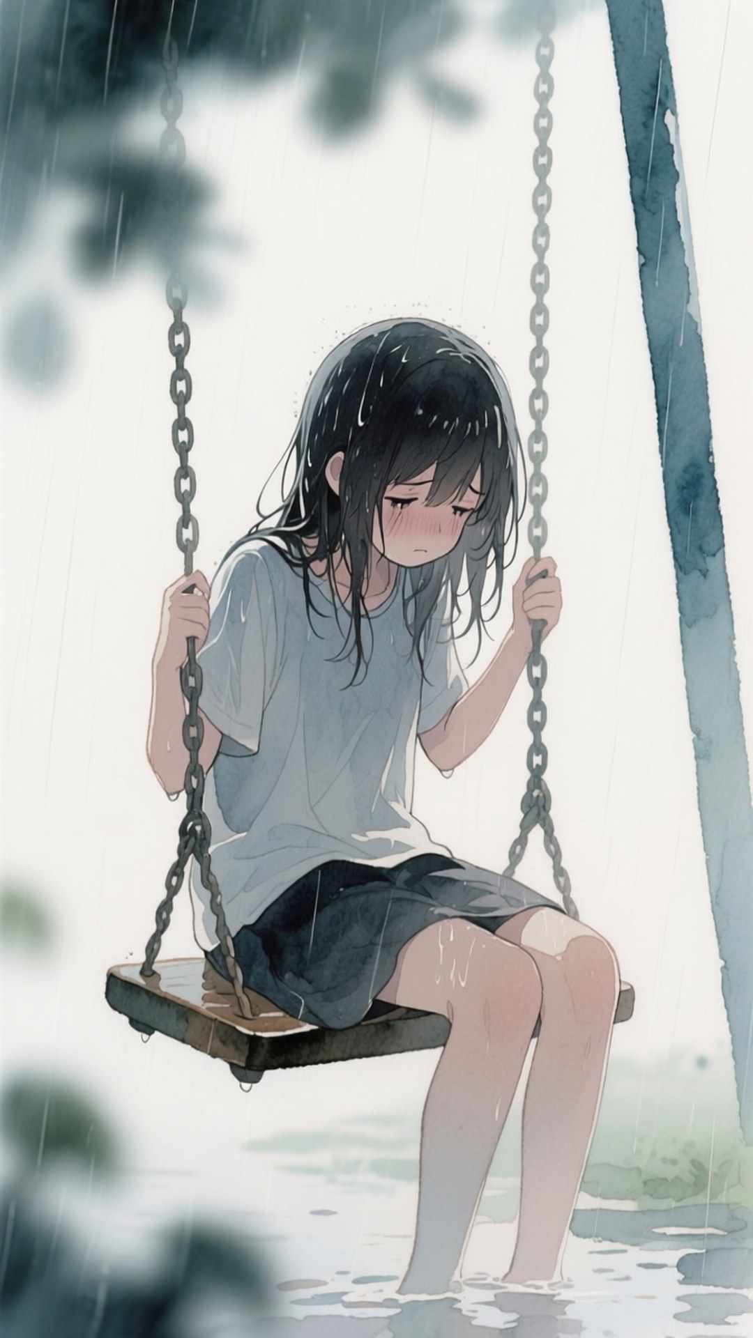 Rainy Swing 壁紙 — 一個憂鬱的動漫女孩，濕漉漉的黑髮，獨自坐在灰天下被雨淋濕的鞦韆上。