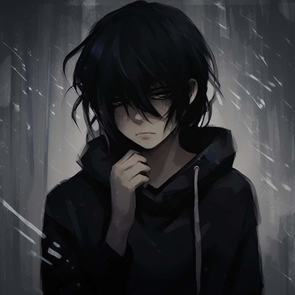  壁紙 — 一個憂鬱的動畫男孩，深色頭髮，穿著連帽衫，站在雨景中，手靠近下巴，擺出沉思的姿勢。