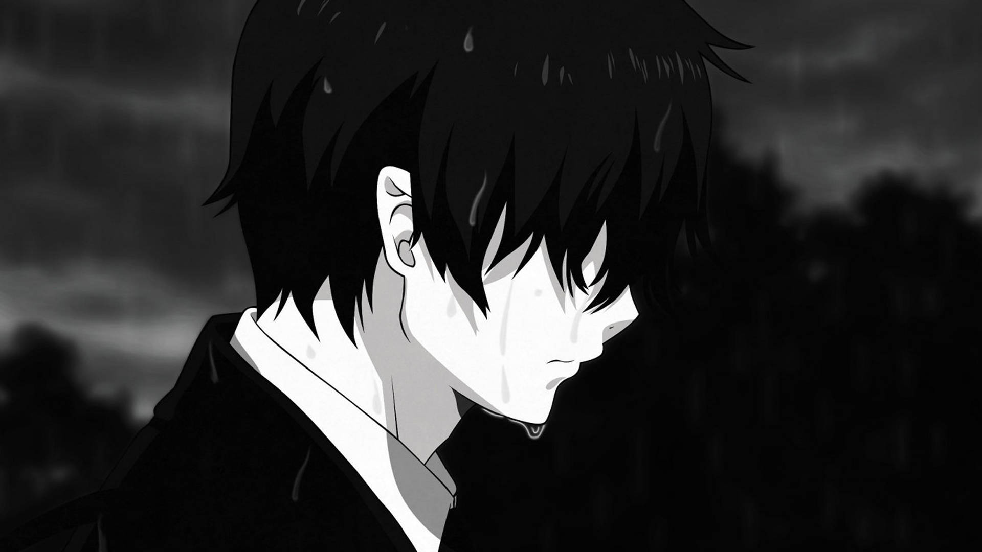 一個悲傷的動漫男孩在雨中哭泣，背景有烏雲。 — 4K 壁紙