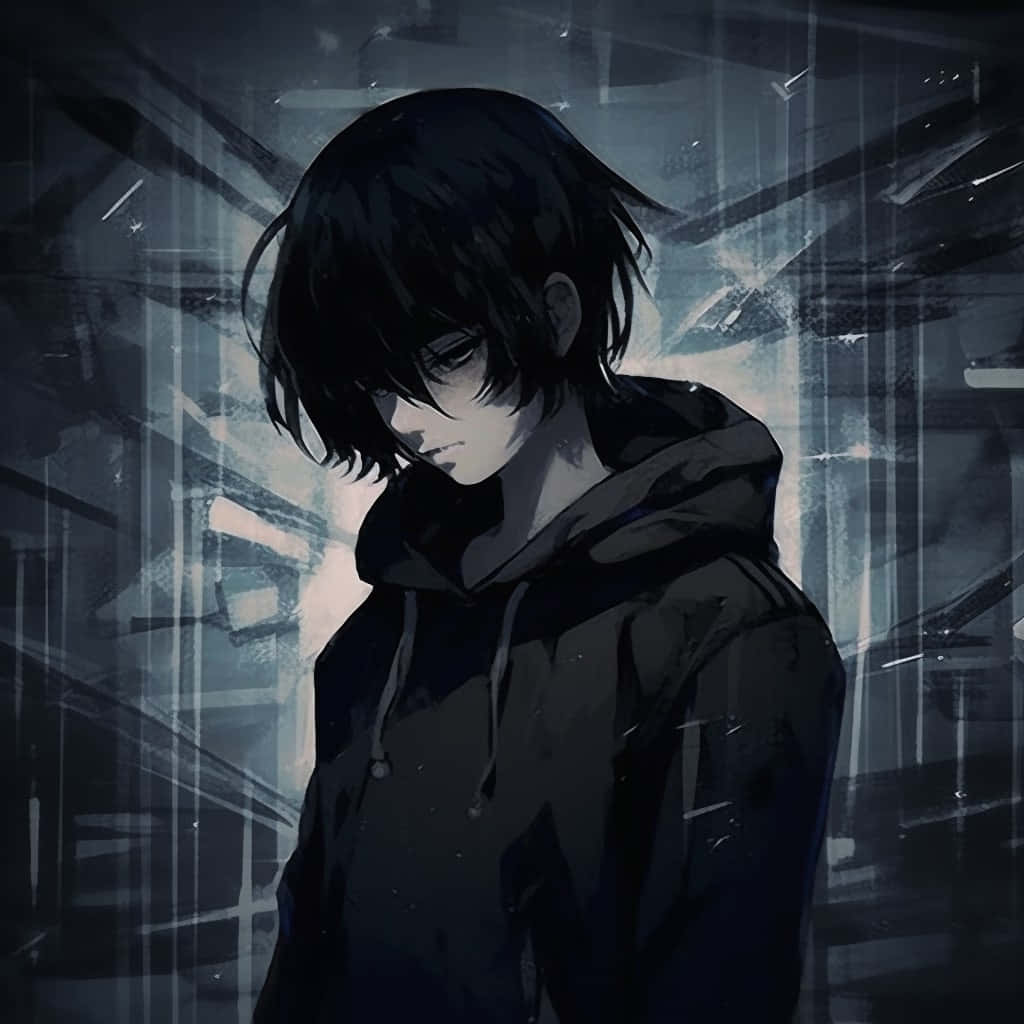  壁紙 — 一個穿著深色連帽衫的憂鬱動漫男孩，站在雨中的模糊城市小巷，帶有憂鬱的藍色和灰色色調。