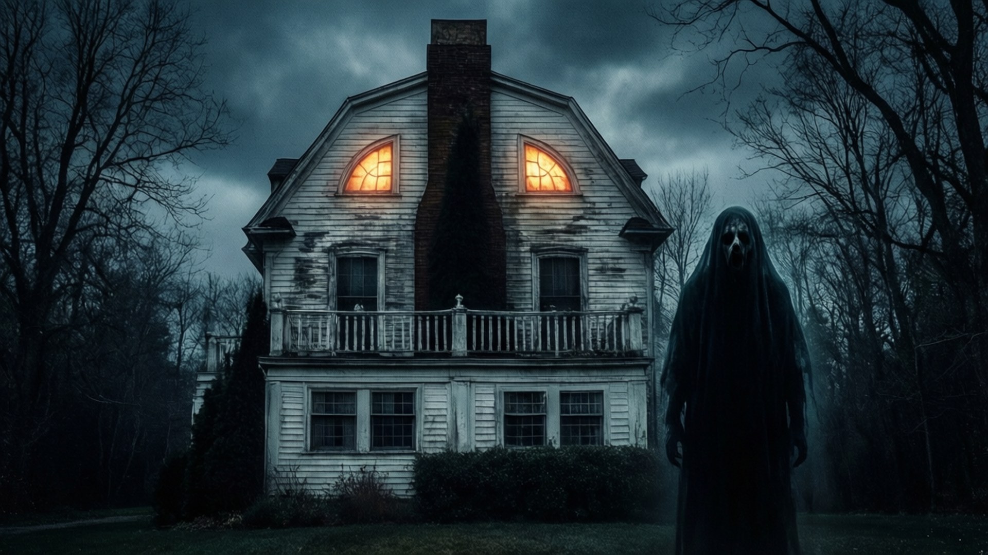 The Amityville Horror 桌布 壁紙 — 一個幽靈般的身影穿著黑色連帽長袍，站在一座破舊的鬼屋前，鬼屋的窗戶在暴風雨的夜空下閃閃發光。