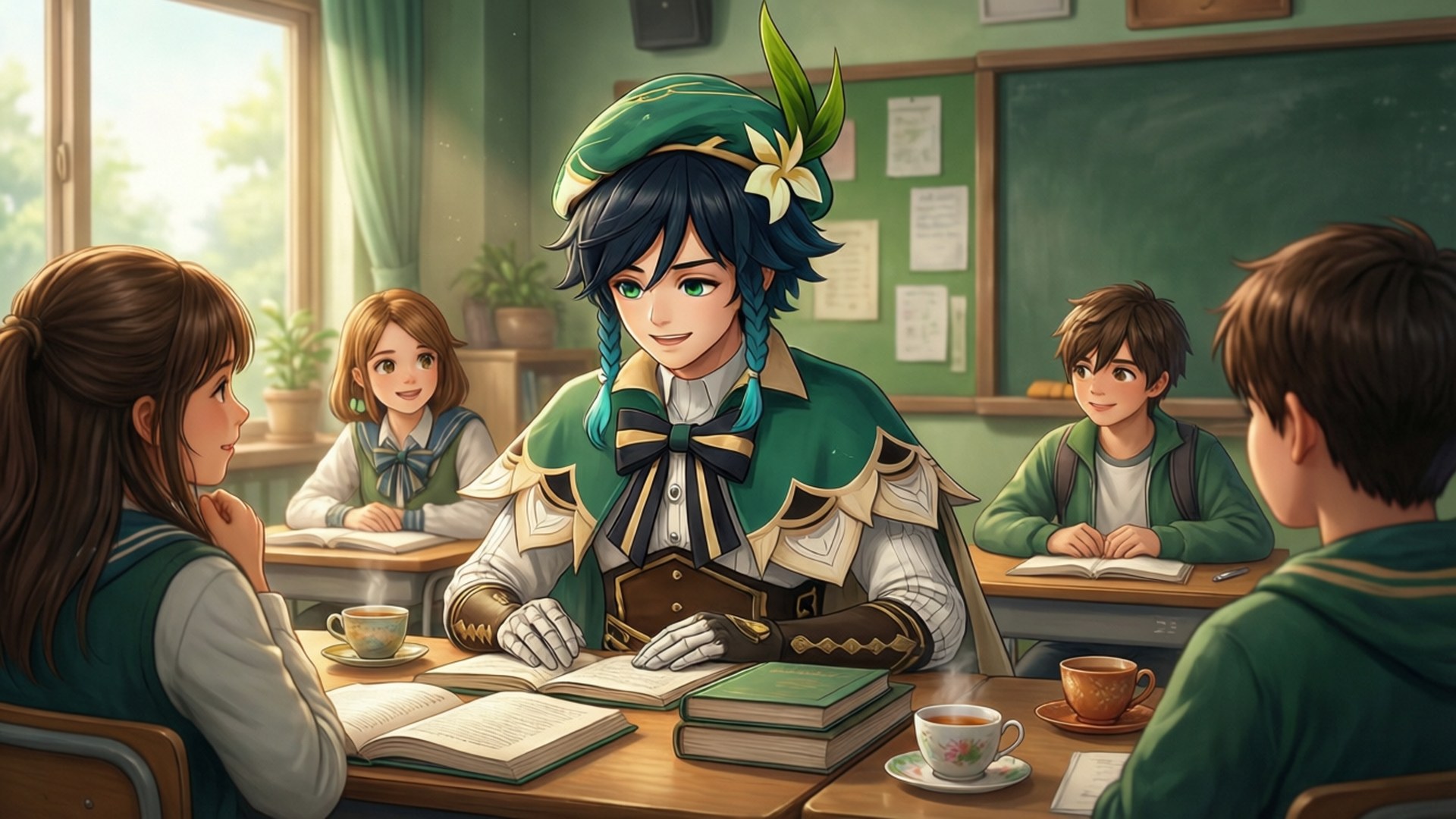 Classroom Bonds 壁紙 — 一位身穿綠色服裝的年輕冒險家在陽光充足的教室裡教導學生，教室裡有黑板和書籍。