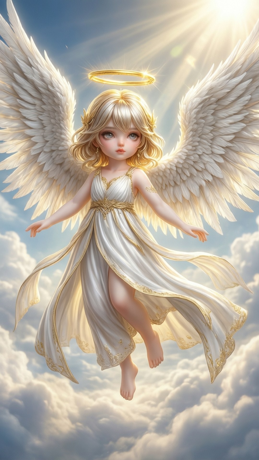 Heavenly Angel 壁紙 — 一位年輕天使，金髮飄逸，展開白色翅膀，在燦爛陽光下安詳地漂浮在蓬鬆雲層之上。