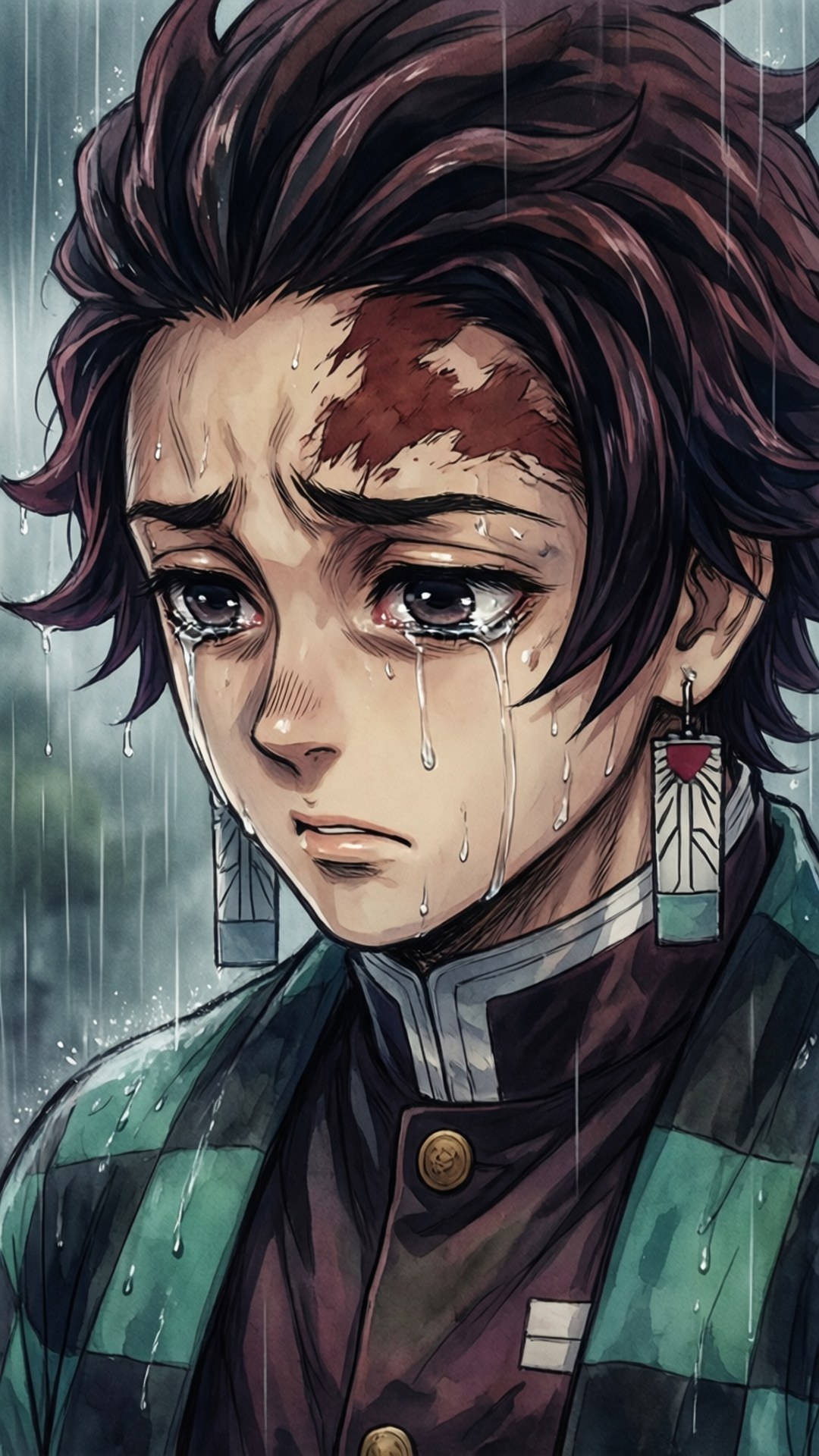 Tears in Rain 壁紙 — 一個年輕的動畫男孩，棕色頭髮，額頭流血，在傾盆大雨中哭泣，穿著綠色和棕色格紋外套。