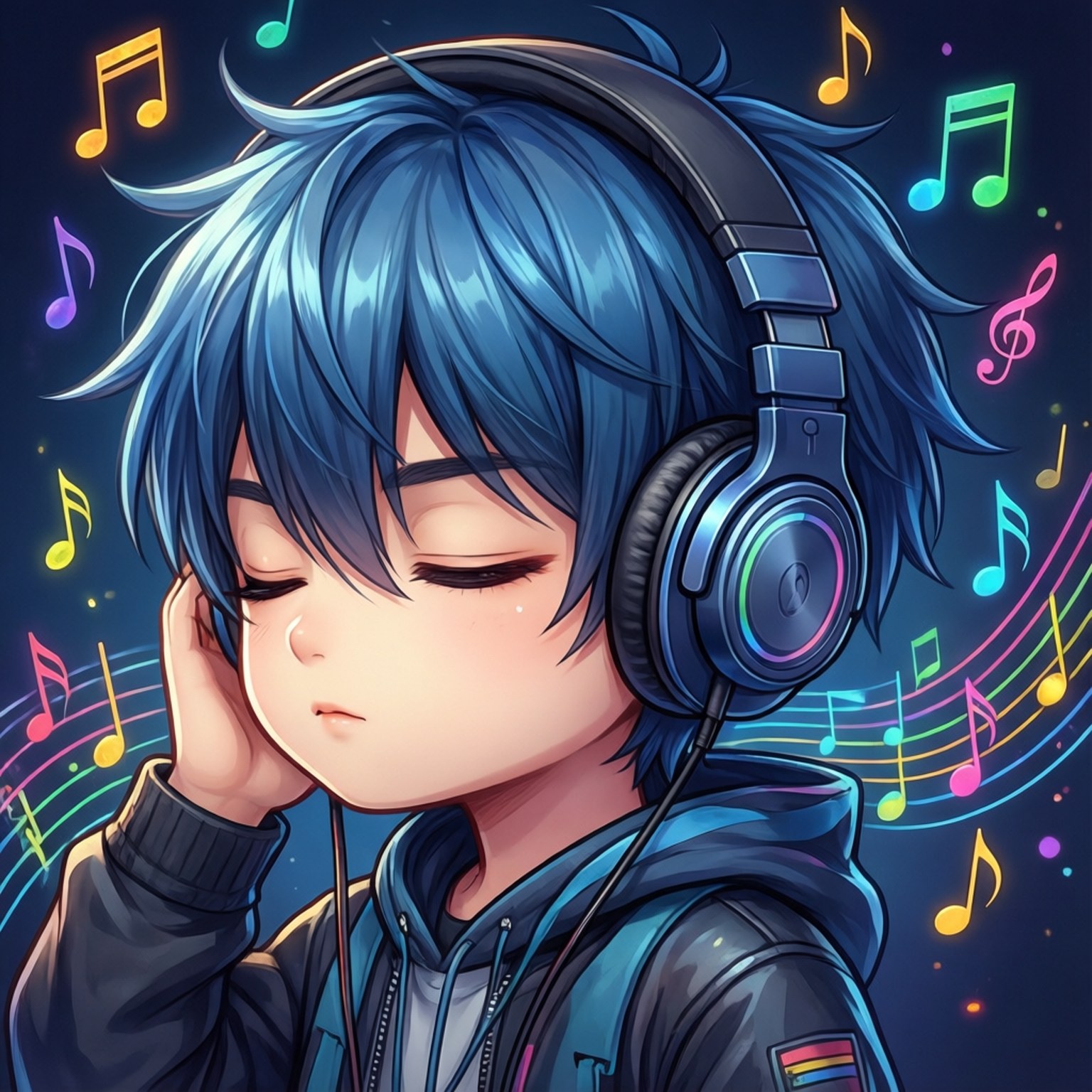 Music Headphones Boy 壁紙 — 一個藍色頭髮的年輕動漫男孩戴著發光的耳機，色彩繽紛的音樂音符在他周圍旋轉，背景為深色。