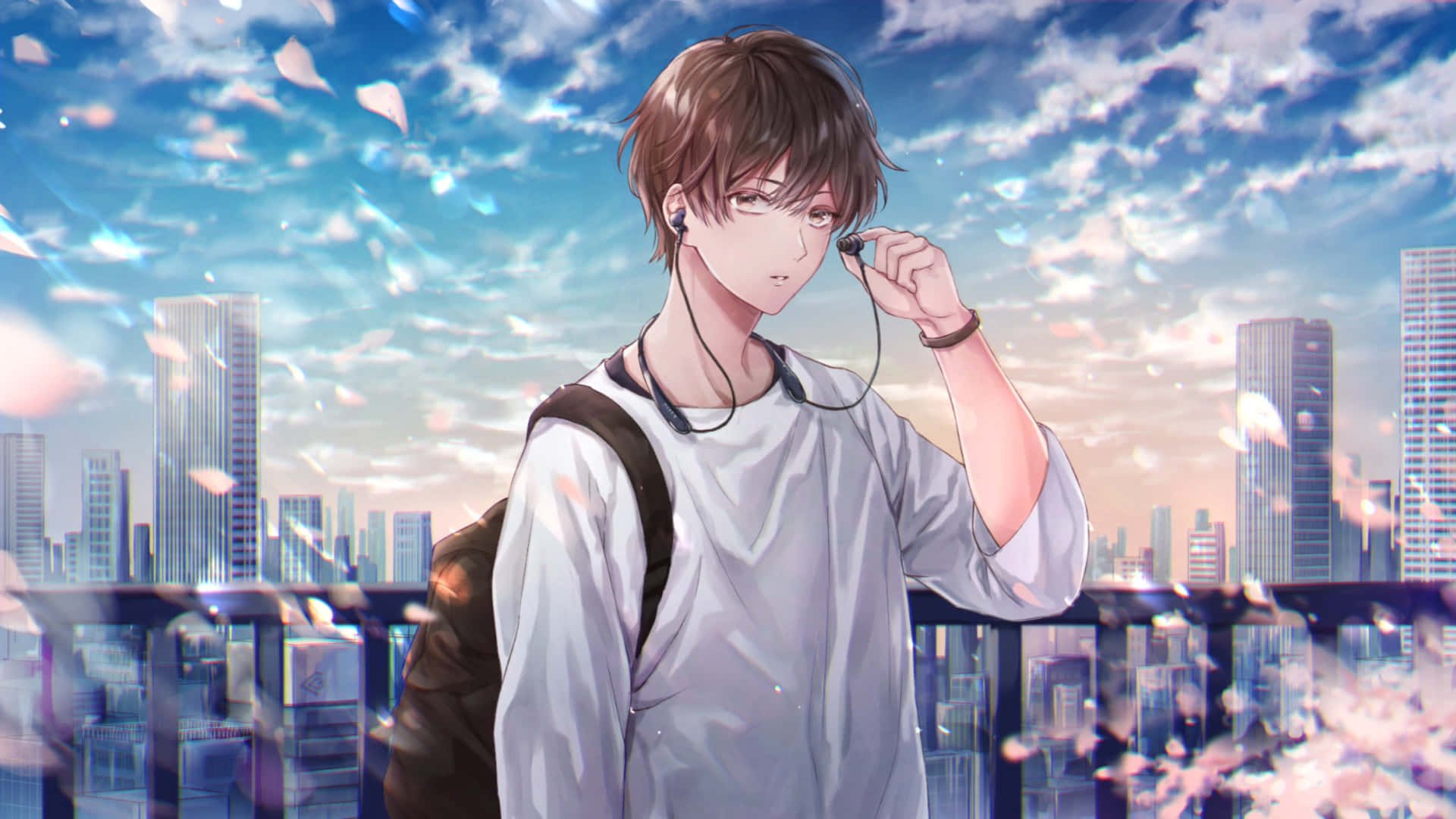  壁紙 — 一個棕色頭髮的年輕動漫男孩，在櫻花飄浮的城市天際線背景下調整耳機。
