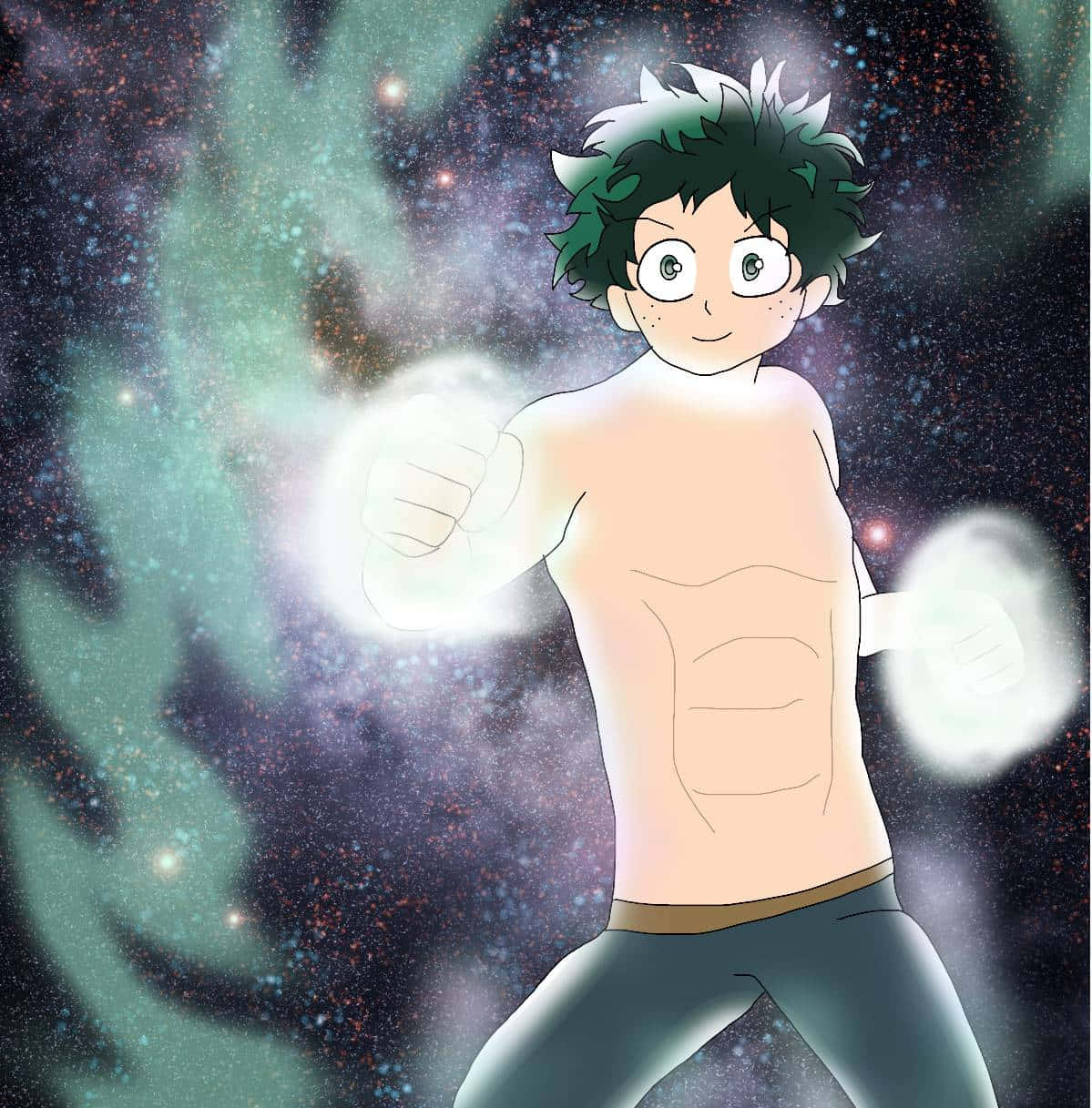  壁紙 — 一個綠髮的年輕動漫男孩在充滿閃爍星星和旋轉青綠色雲層的宇宙星雲中向前出拳。