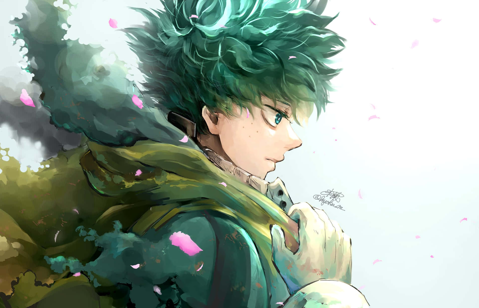  壁紙 — 一個年輕的動漫男孩，有著尖刺的綠色頭髮和綠色眼睛，在柔和的白色背景下，粉紅色花瓣飄落在他周圍，他若有所思地凝視著。