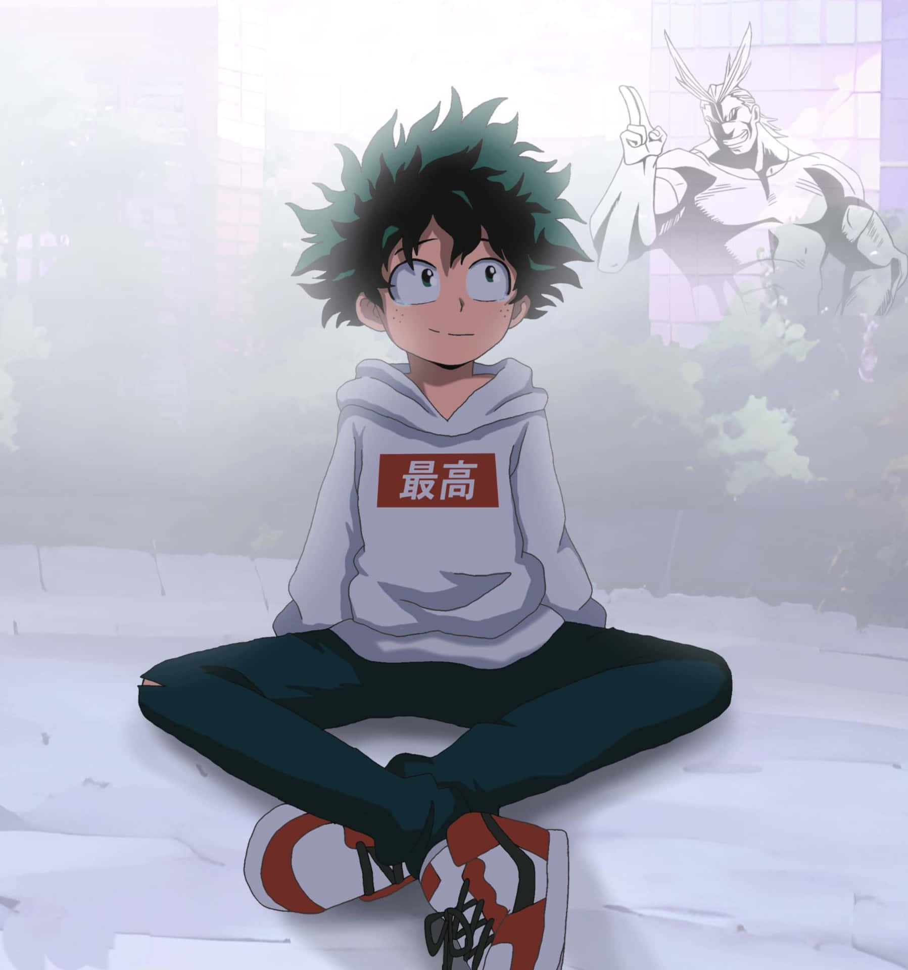  壁紙 — 一個年輕的動漫男孩，有著尖刺的綠黑色頭髮，盤腿而坐，穿著灰色連帽衫（帶紅色文字）和紅白色運動鞋，身後有一個幽靈般的超級英雄人物在比出和平手勢。
