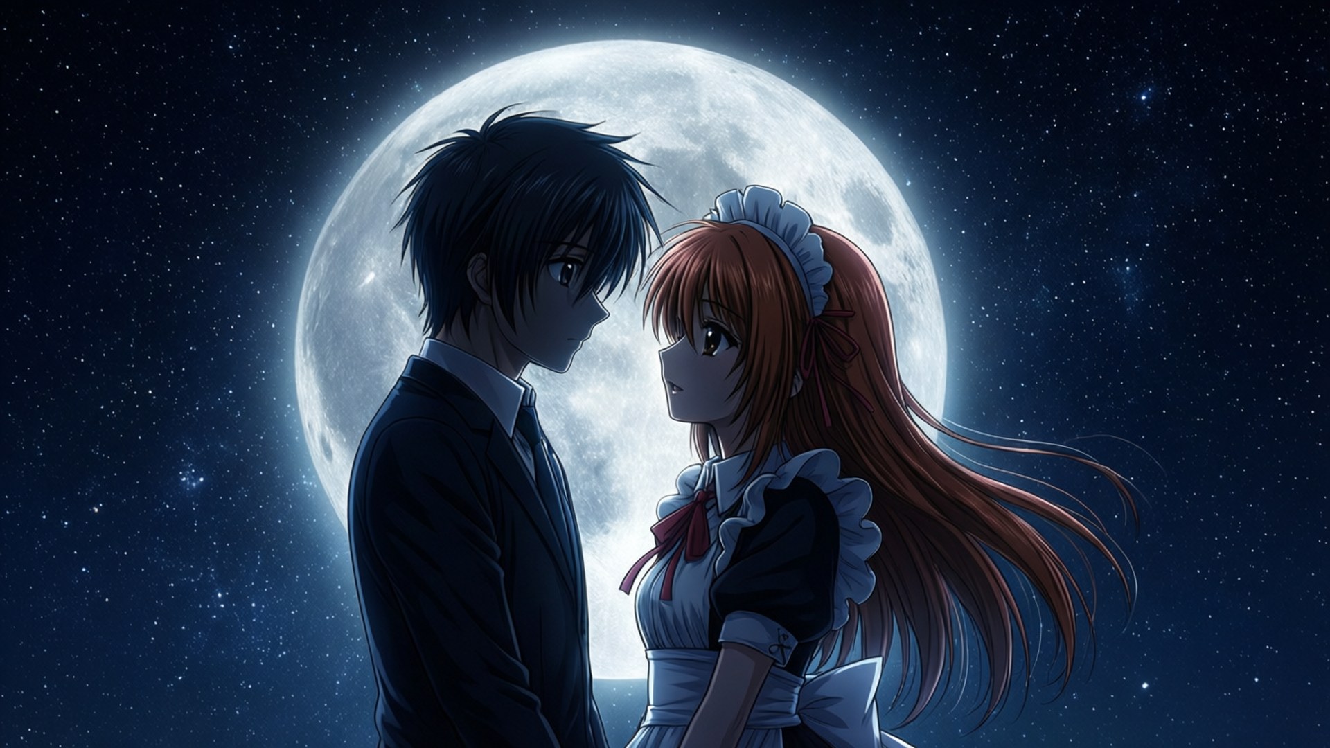 Moonlit Romance 壁紙 — 一對年輕的動漫情侶穿著正式服裝，在繁星點點的夜空下，於一輪巨大的發光月亮下互相凝視。