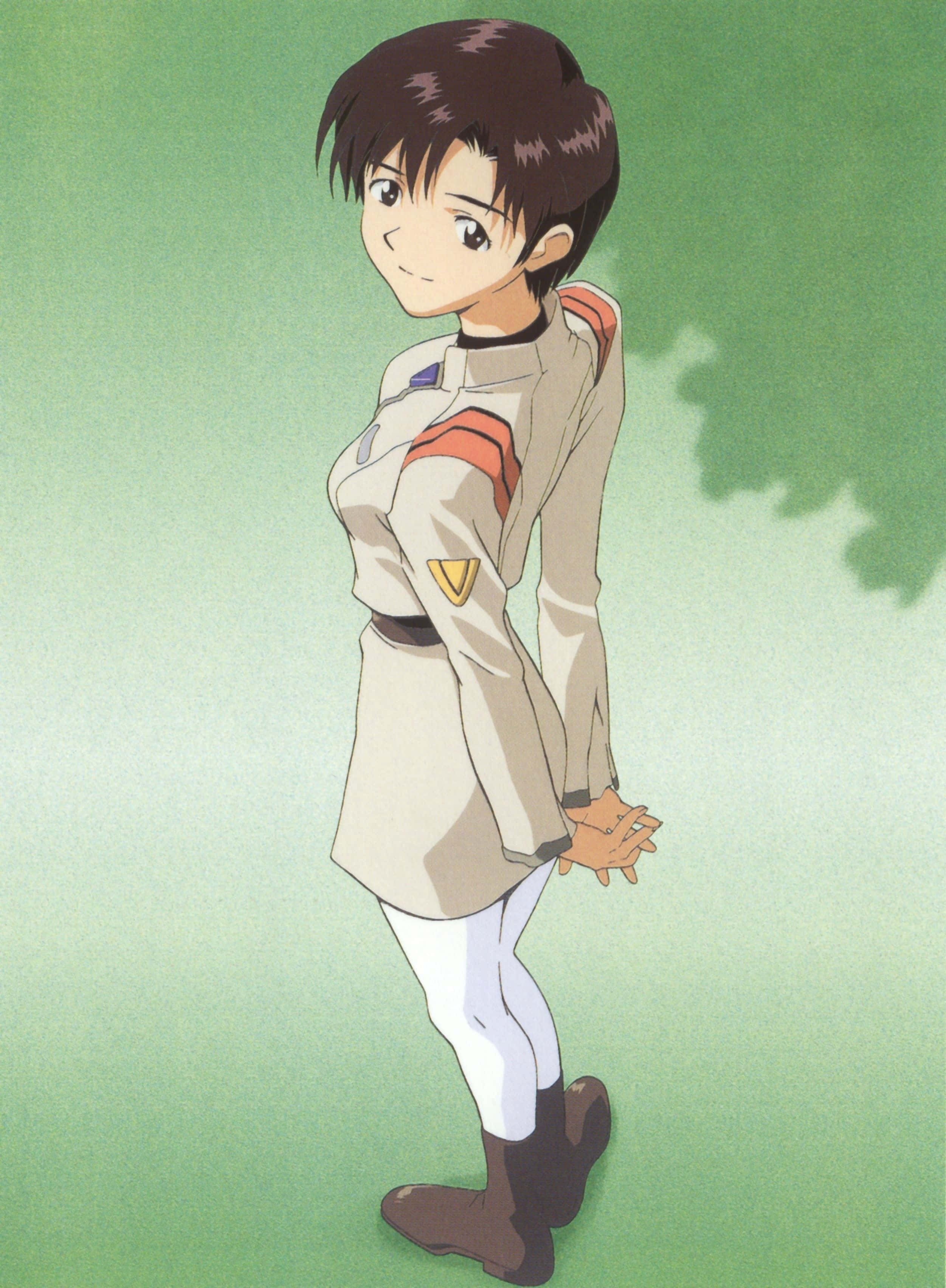 Maya Ibuki 桌布 壁紙 — 一位年輕的動漫女孩穿著米色帶橙色條紋的制服，自信地站在柔和的綠色背景前。