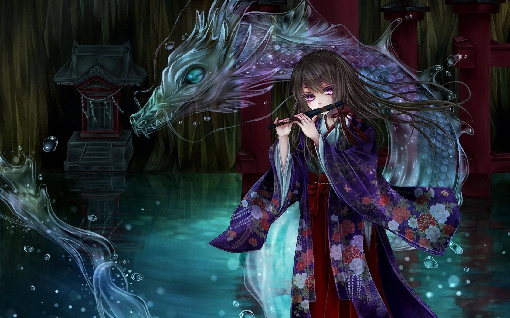穿著花卉和服的動漫女孩在神社水域中發光的龍旁邊吹奏長笛。 — 日式龍 PC 壁紙