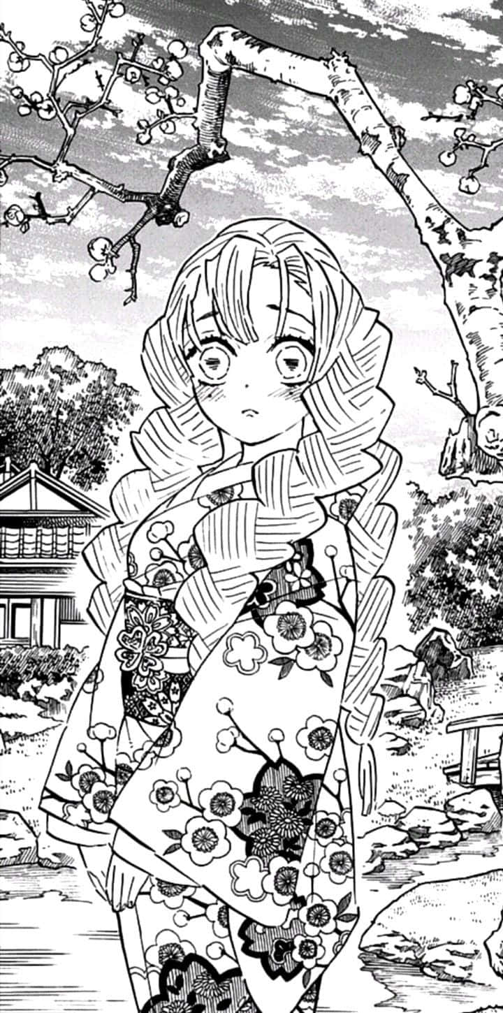  壁紙 — 一位穿著花卉和服的年輕動漫女孩站在傳統日本花園中盛開的櫻花樹下。