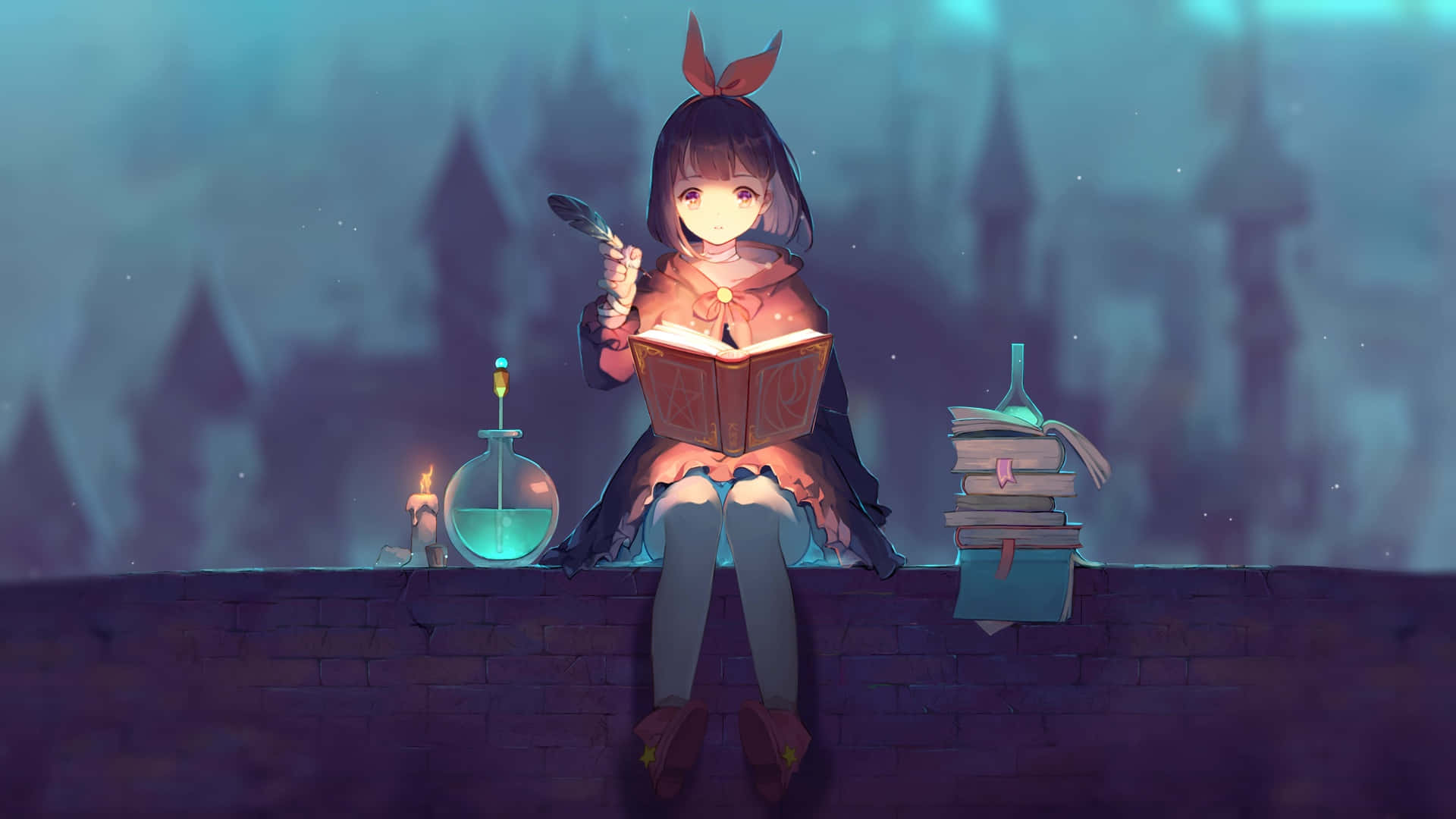  壁紙 — 一位穿著紅色連帽斗篷的年輕動漫女孩坐在石台上看書，旁邊放著羽毛筆和發光藥水，背景是霧氣籠罩的城堡。
