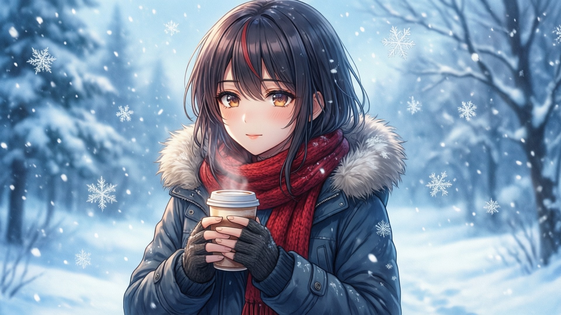 Winter Warmth 壁紙 — 一個年輕的動漫女孩在雪森林中，拿著一個冒著熱氣的咖啡杯，包裹在紅色圍巾和冬季外套中。