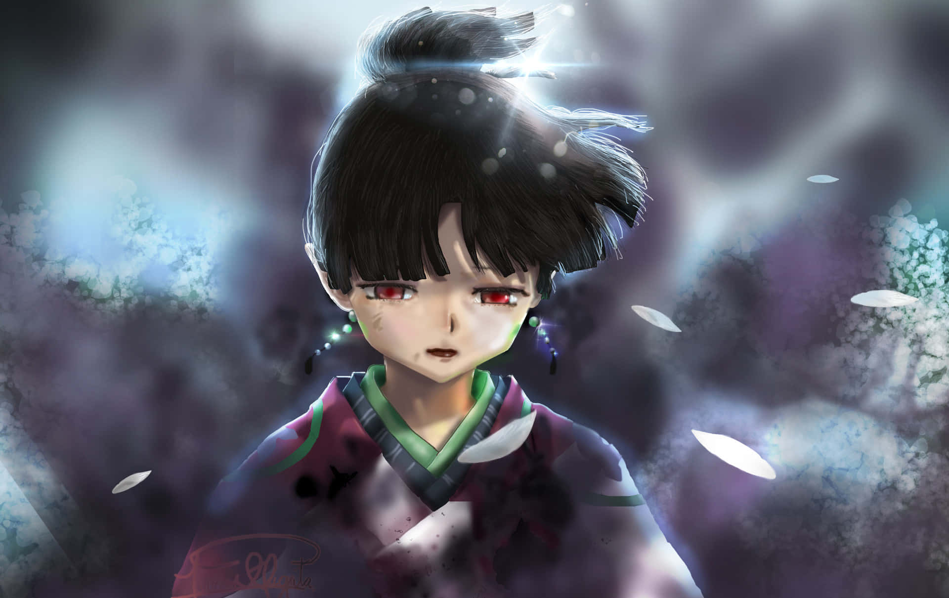 Inuyasha Kagura 桌布 壁紙 — 一位年輕的動漫女孩，紅眼睛，黑頭髮，穿著傳統服裝，站在飄落的花瓣和發光效果中。