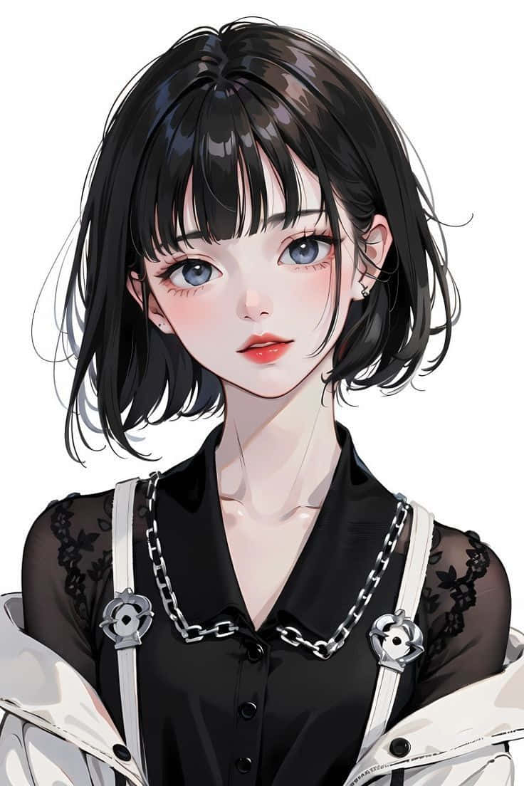  壁紙 — 一位年輕的動漫女孩，短黑髮藍眼睛，身穿黑色蕾絲上衣，外搭帶鏈條肩帶的白色外套。