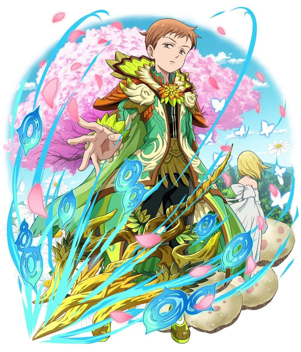 Seven Deadly Sins King 桌布 壁紙 — 一位年輕的動漫戰士身穿華麗的綠色盔甲，在飄落的櫻花和蝴蝶中引導藍色能量。