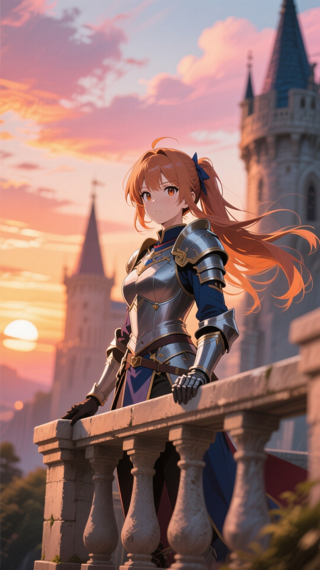 Asuna's Sunset Vigil 壁紙 — 一位年輕的裝甲騎士，飄逸的橙色頭髮，站在石頭陽台上，俯瞰著日落時的城堡。