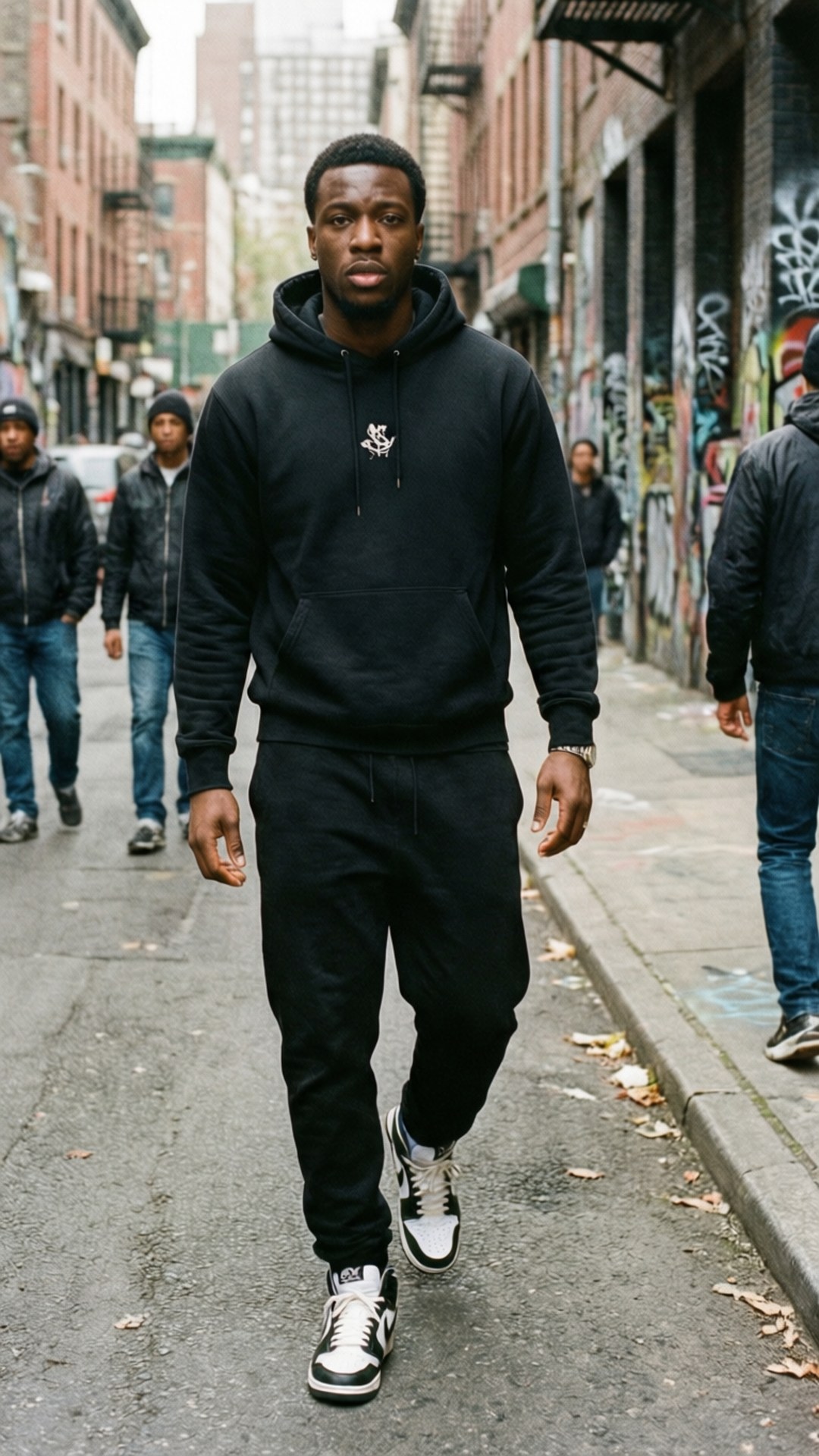 Street Style Heat 壁紙 — 一名年輕黑人男子穿著黑色連帽衫和運動褲，自信地走在一條佈滿塗鴉的都市小巷中。