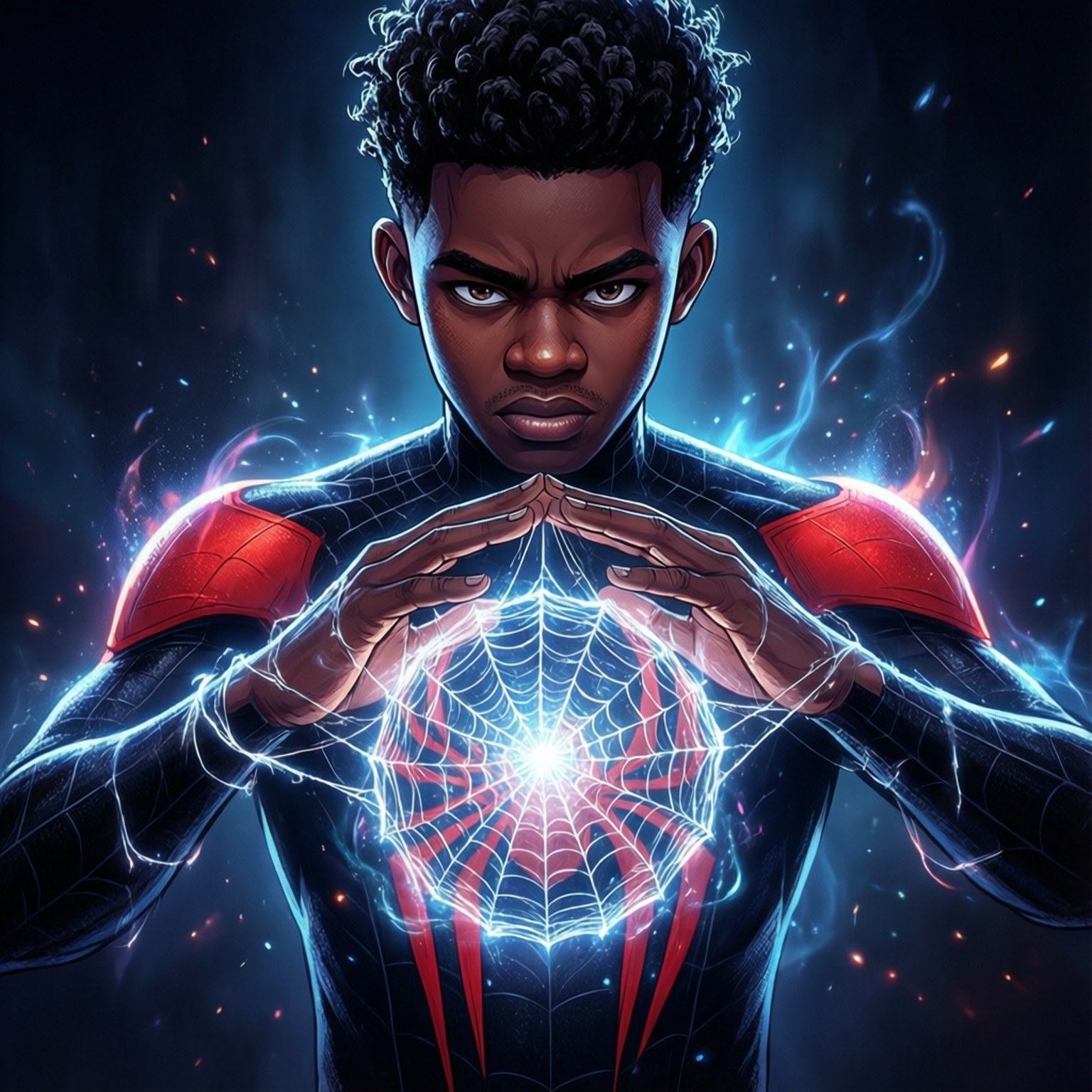 Web Ball Energy 壁紙 — 一位年輕的黑人超級英雄穿著黑色和紅色的套裝，通過雙手引導發光的藍色能量，在他的胸前形成一個閃耀的蜘蛛網標誌。