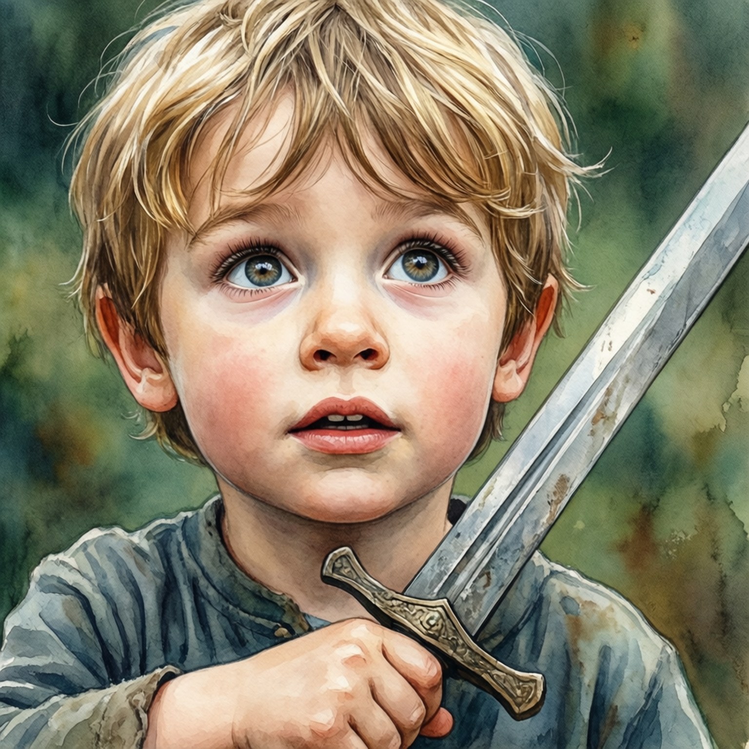 Young Aspirations 壁紙 — 一個年輕男孩，一頭凌亂的金髮和一雙藍色大眼睛，在模糊的綠色背景下握著一把鏽蝕的劍。