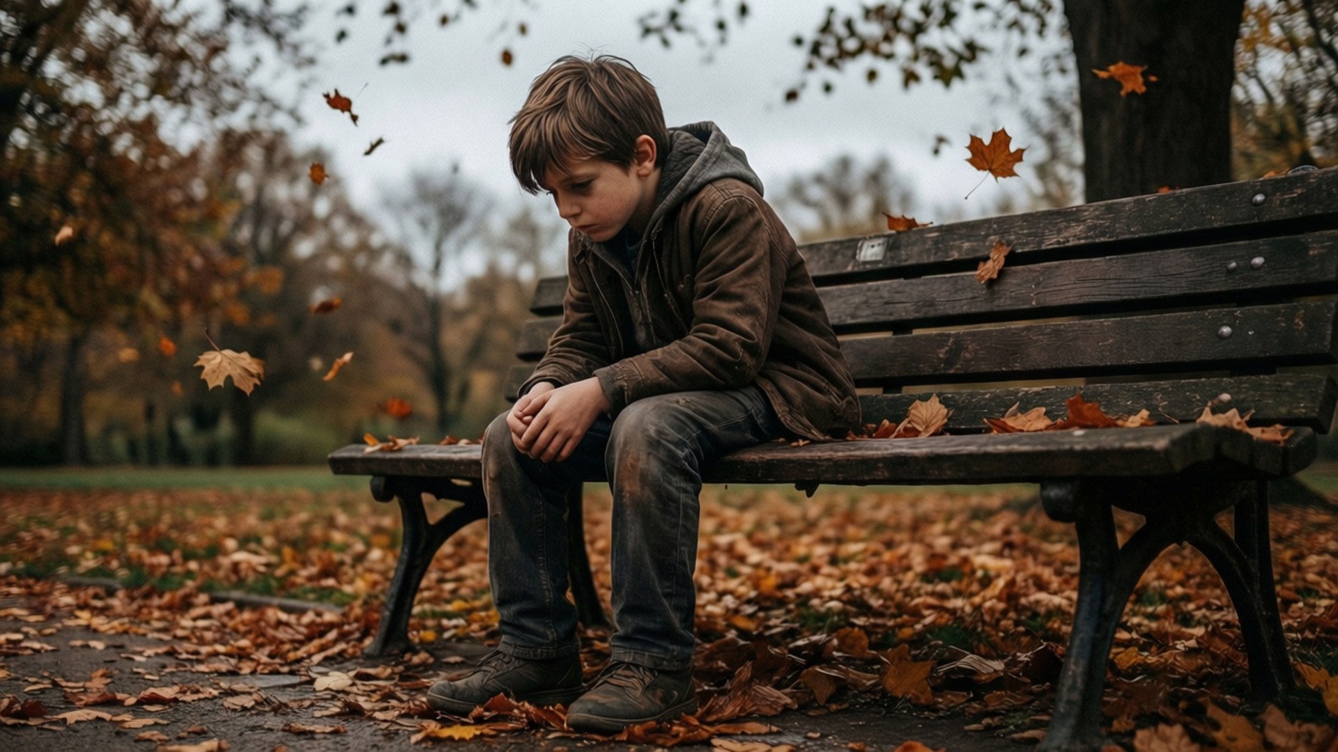 憂鬱男孩 桌布 壁紙 — 一個小男孩獨自坐在秋日公園的木長椅上，落葉在他周圍旋轉，營造出憂鬱的場景。