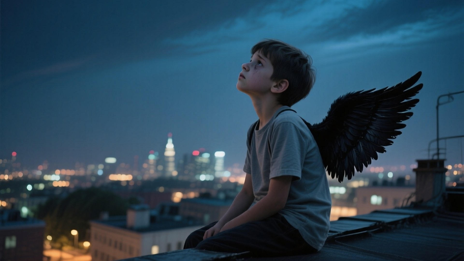 Boy With Wings on Roof 壁紙 — 一個年輕男孩長著黑色羽毛翅膀，坐在屋頂上仰望暮色中閃爍著遠方燈光的城市景觀。