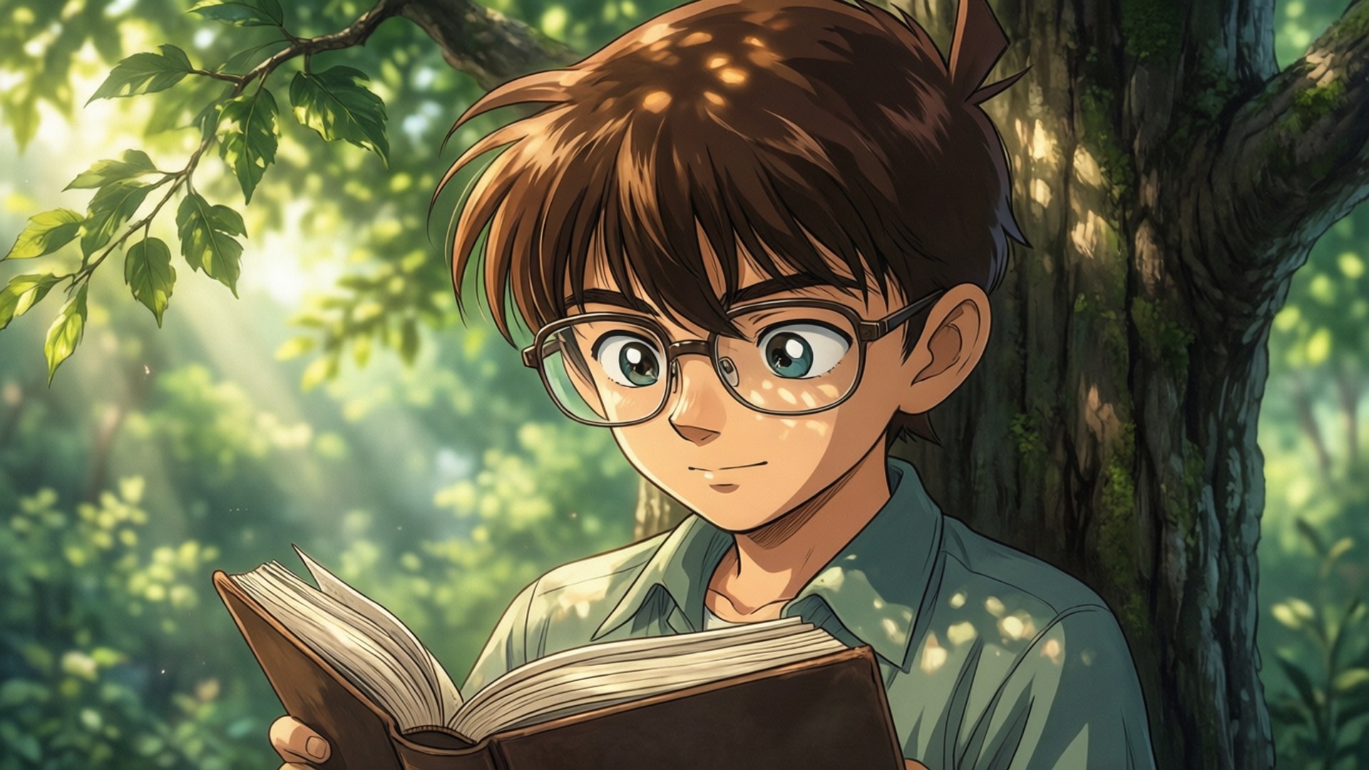 Glasses Boy Reading 壁紙 — 一個戴眼鏡的小男孩在斑駁的陽光下閱讀，陽光透過茂密的綠樹照射下來。