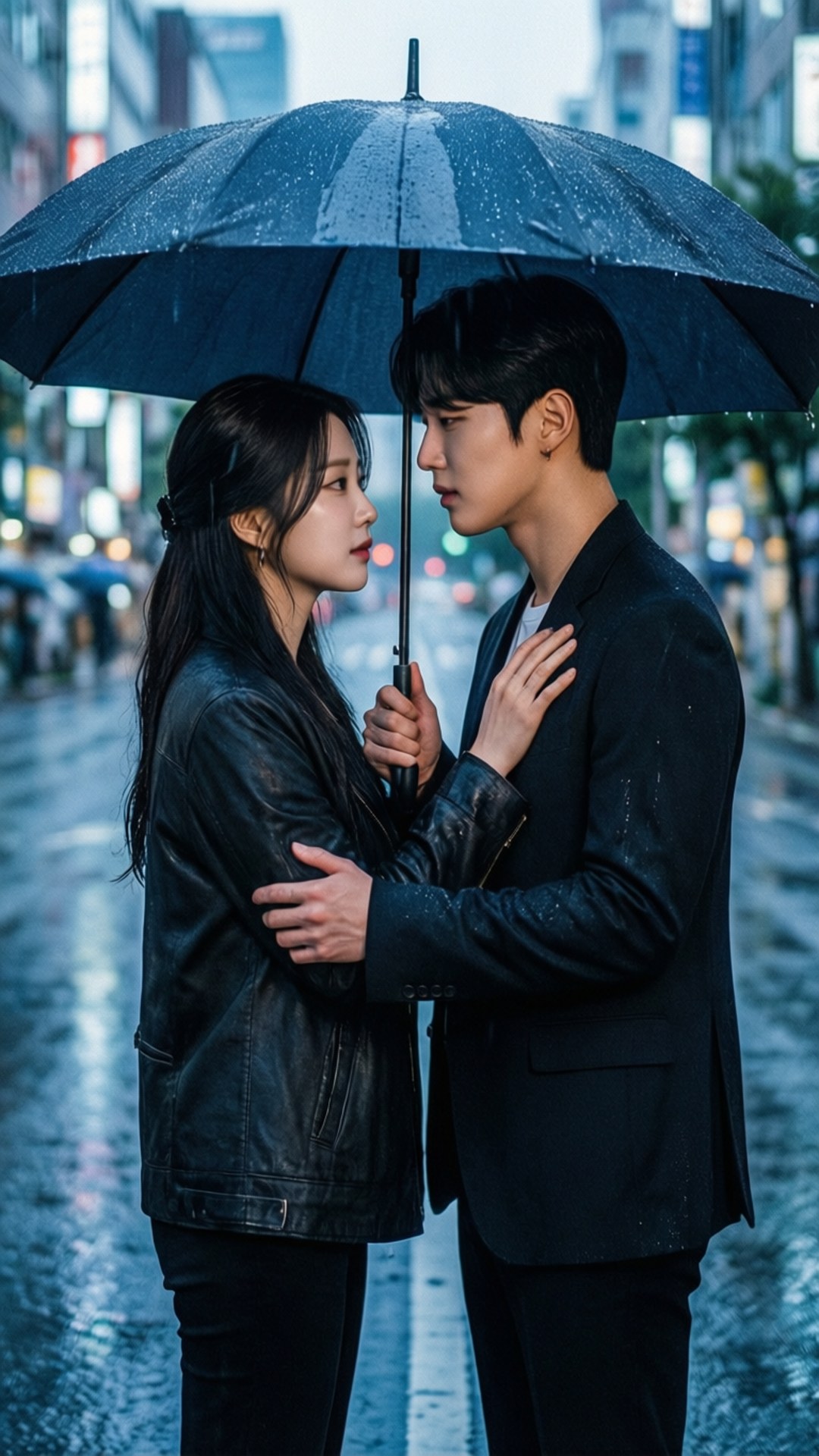Rainy Day Embrace 壁紙 — 一對年輕情侶在雨中的城市街道上共用一把黑色雨傘，他們的臉在濕漉漉的城市燈光下親密地靠近。