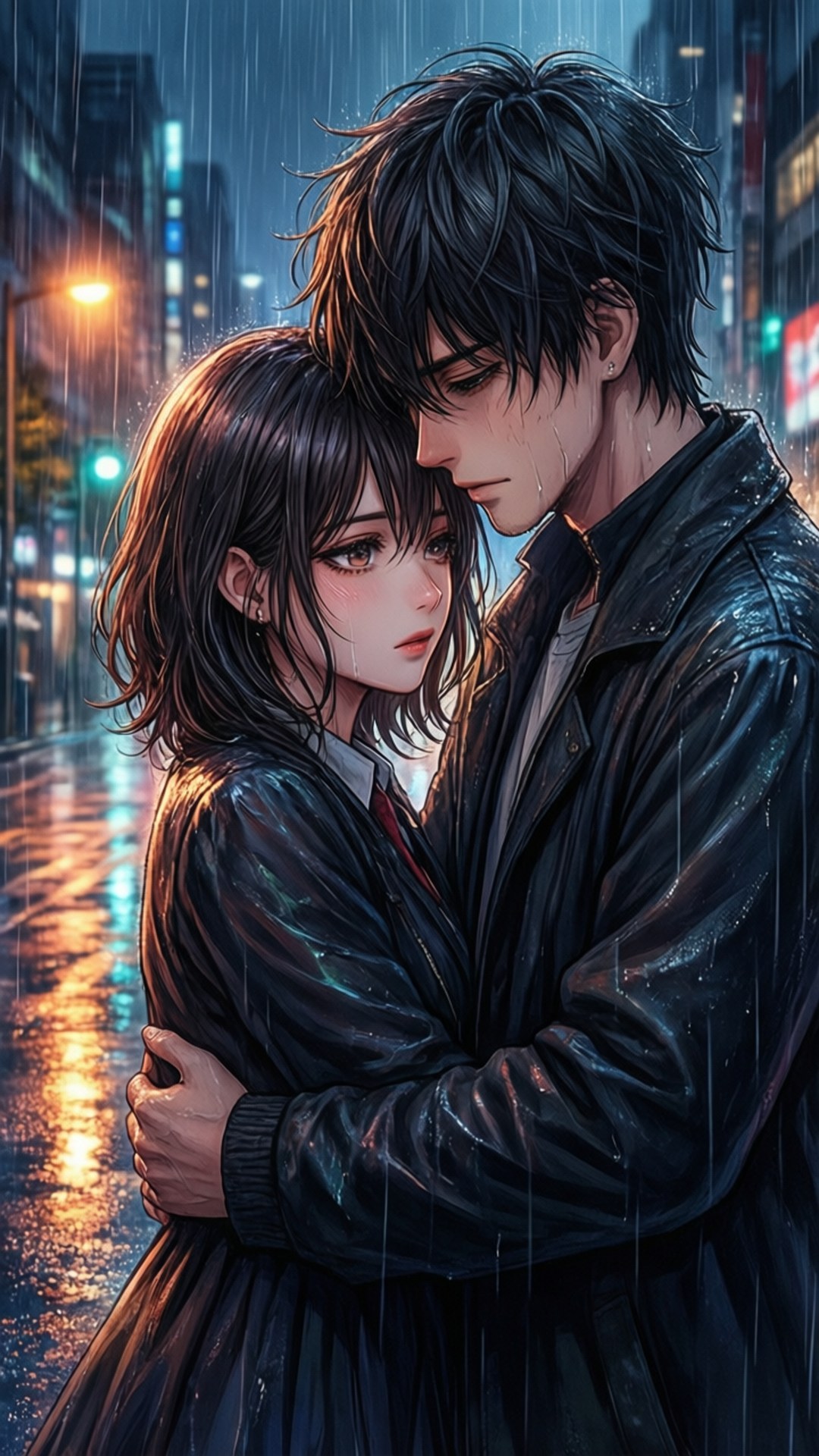 Rainy Embrace 壁紙 — 一對年輕情侶在雨中緊緊擁抱，身處霓虹燈照亮的夜間城市街道，濕漉漉的人行道反射著溫暖的路燈光。