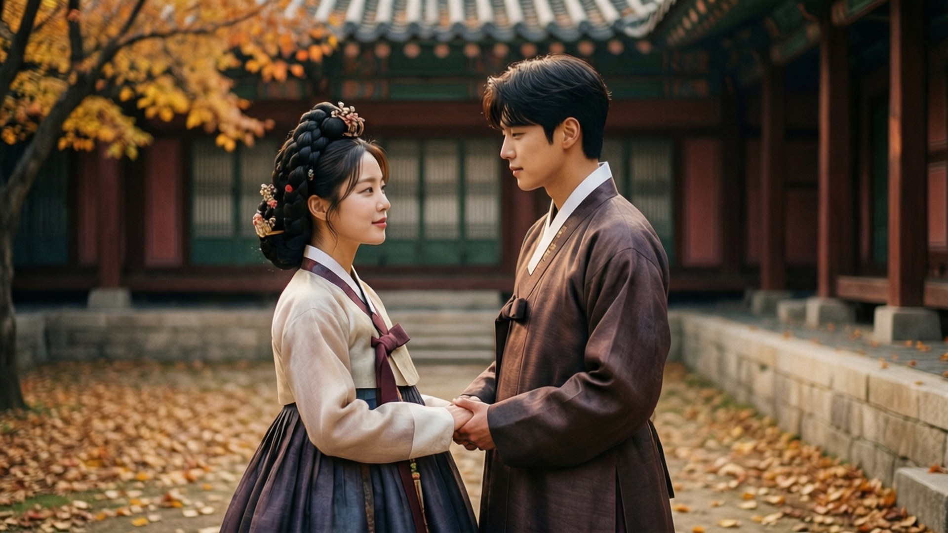 Hanbok Romance 壁紙 — 一對年輕情侶穿著傳統韓服，在歷史庭院中的秋樹下牽手凝望。