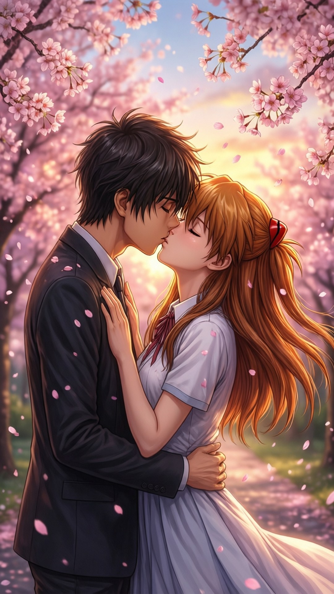 Cherry Blossom Kiss 壁紙 — 一對年輕情侶在夕陽下，於飄落的粉紅櫻花樹蔭下接吻。
