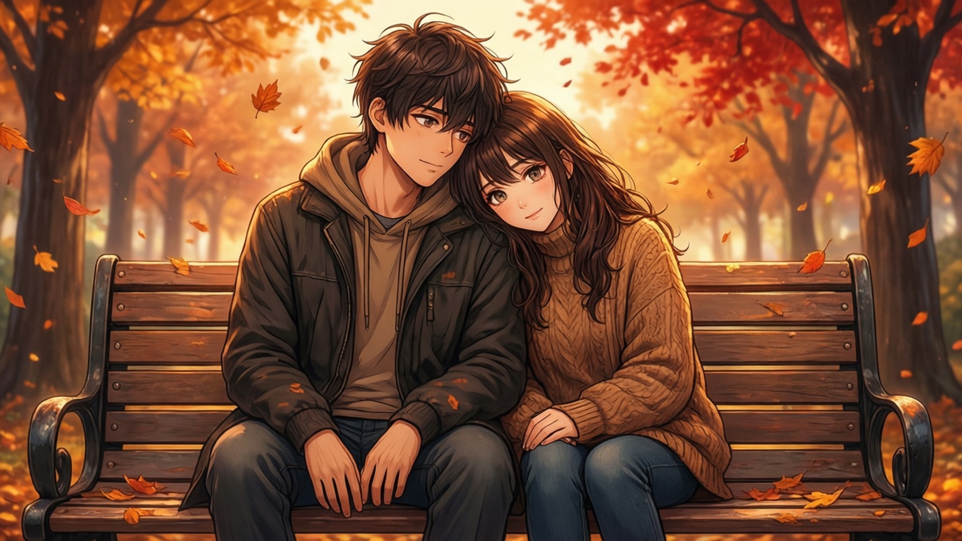 Autumn Park Bench 壁紙 — 一對年輕情侶在秋天的公園裡緊靠著坐在木長椅上，金色樹葉在他們周圍飄落。