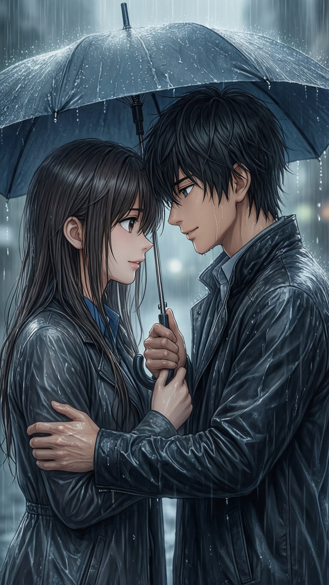 Rainy Day Together 壁紙 — 一對年輕情侶在暴雨中共用一把黑色雨傘，他們濕透的皮夾克在城市燈光下閃閃發光。