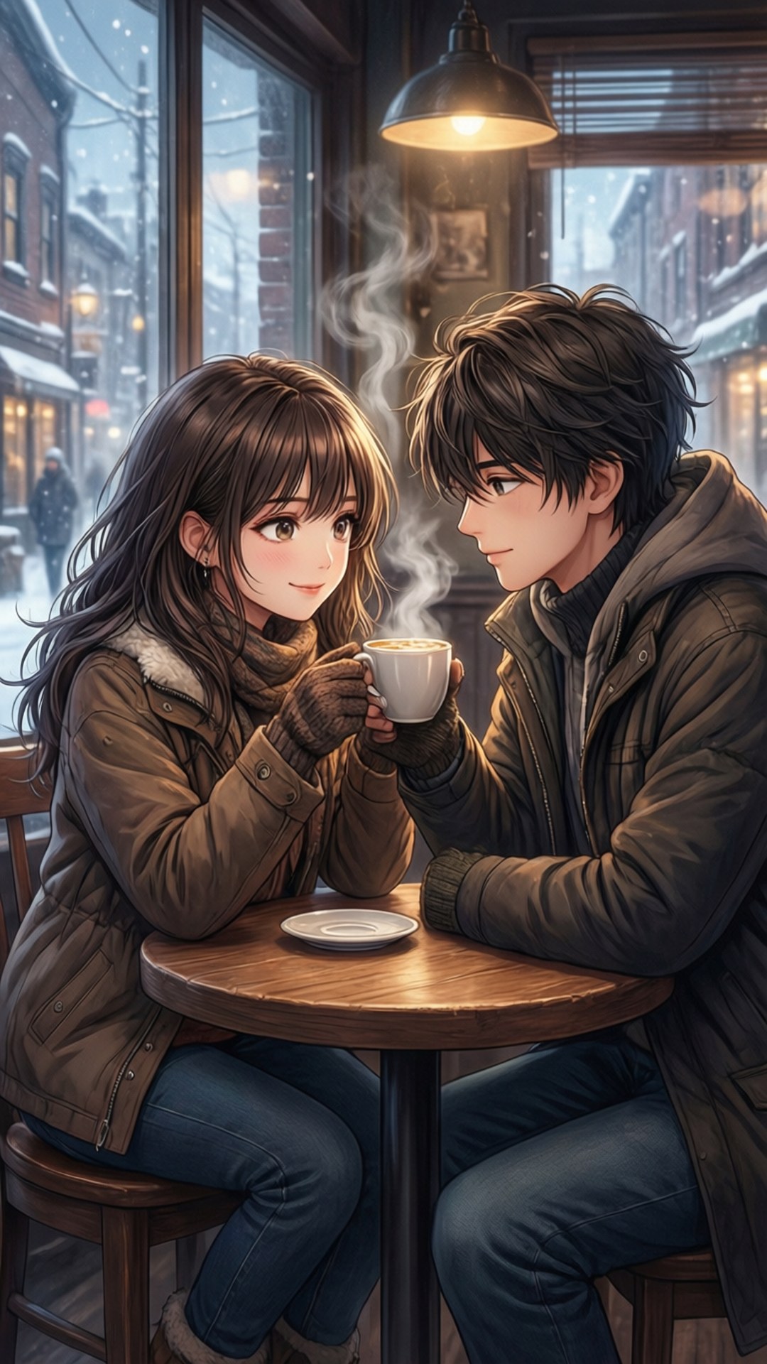 Cozy Café Date 壁紙 — 一對年輕情侶在舒適的咖啡桌旁分享一杯熱氣騰騰的咖啡，窗外雪花飄落。