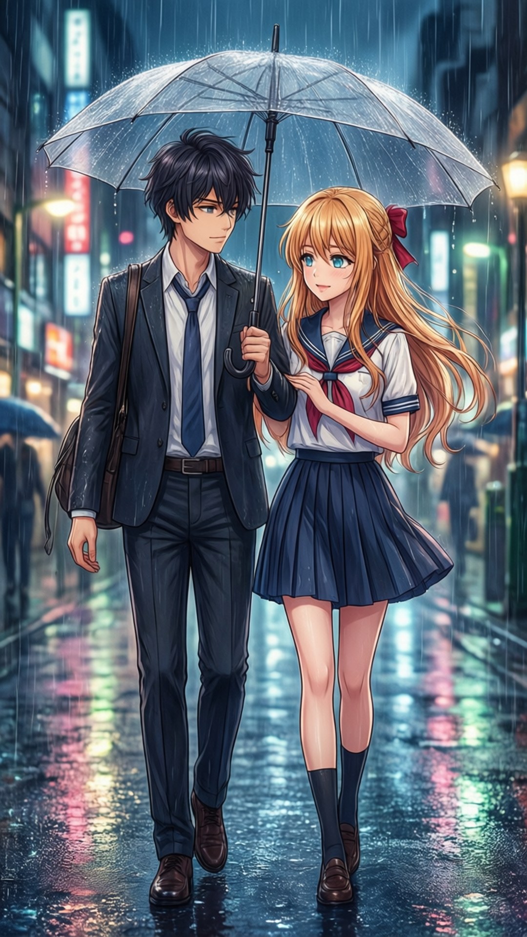 Two Under Umbrella 壁紙 — 一對年輕情侶在夜間撐著透明雨傘，走過霓虹燈閃爍的雨街。