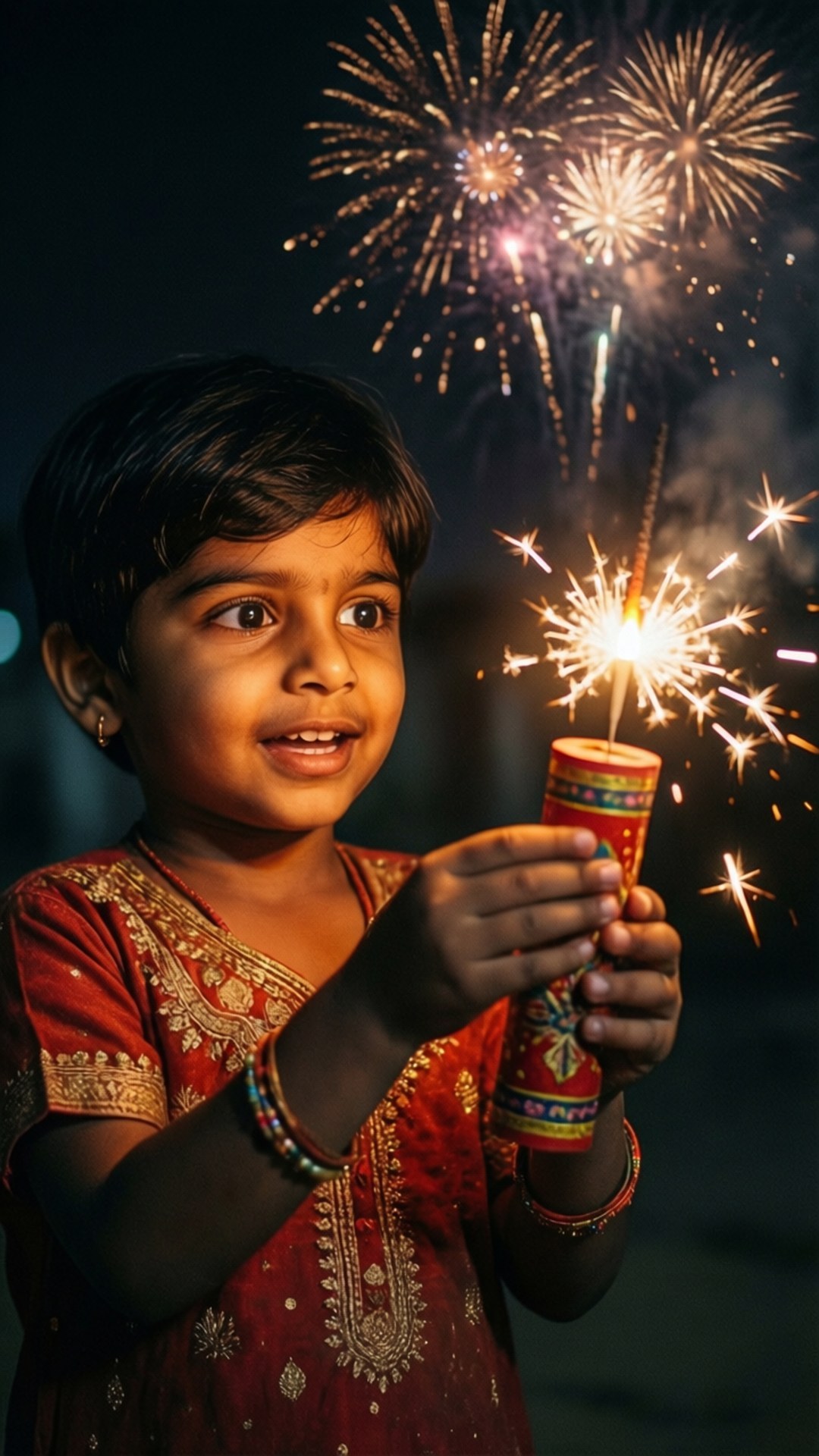 Child with Sparkler 壁紙 — 一個穿著紅色刺繡裙的小女孩手持閃爍的煙火，色彩繽紛的煙火在黑暗的夜空背景下在她頭頂綻放。