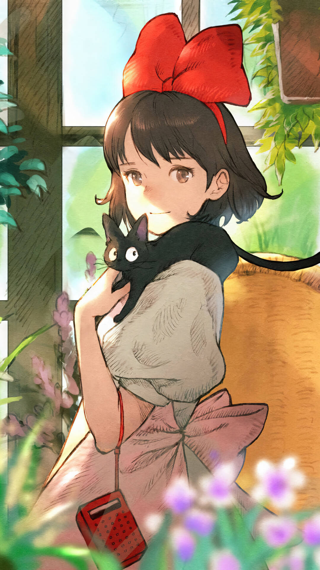 紅蝴蝶結女孩在窗邊抱著黑貓與花朵 — 日式美學 iPhone 壁紙 壁紙