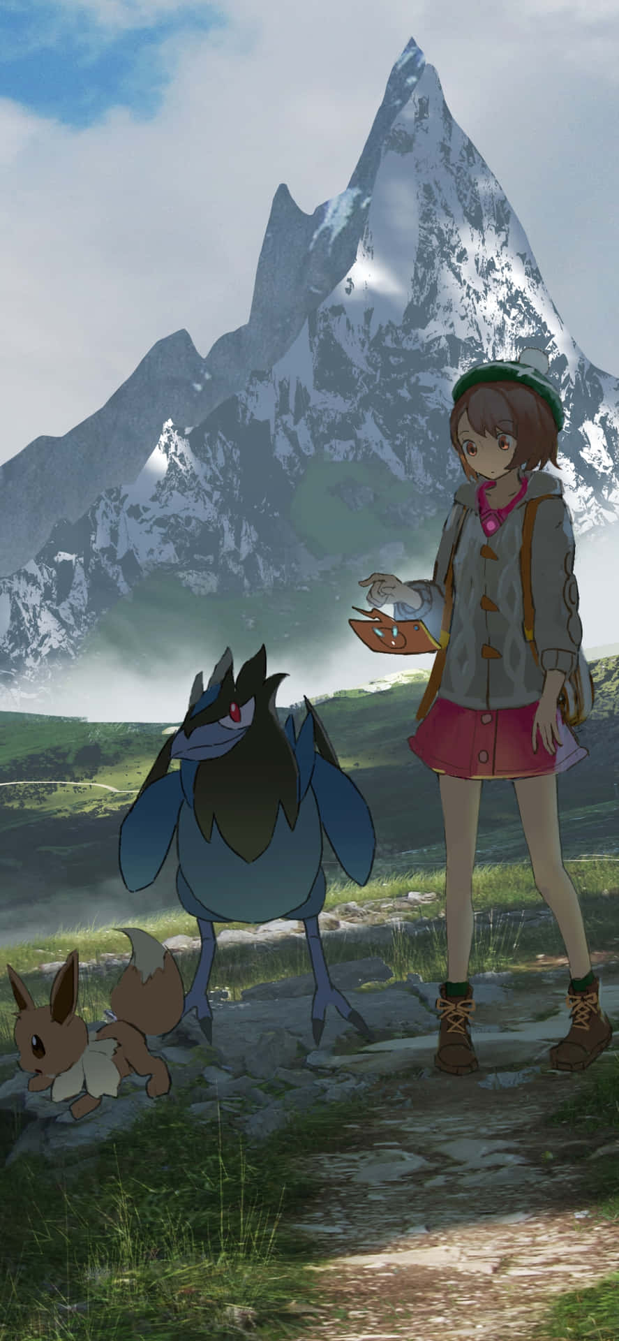  壁紙 — 一個年輕女孩帶著兩隻寶可夢，站在雲層密布的天空下，一座高聳的雪山峰頂下的山徑上。