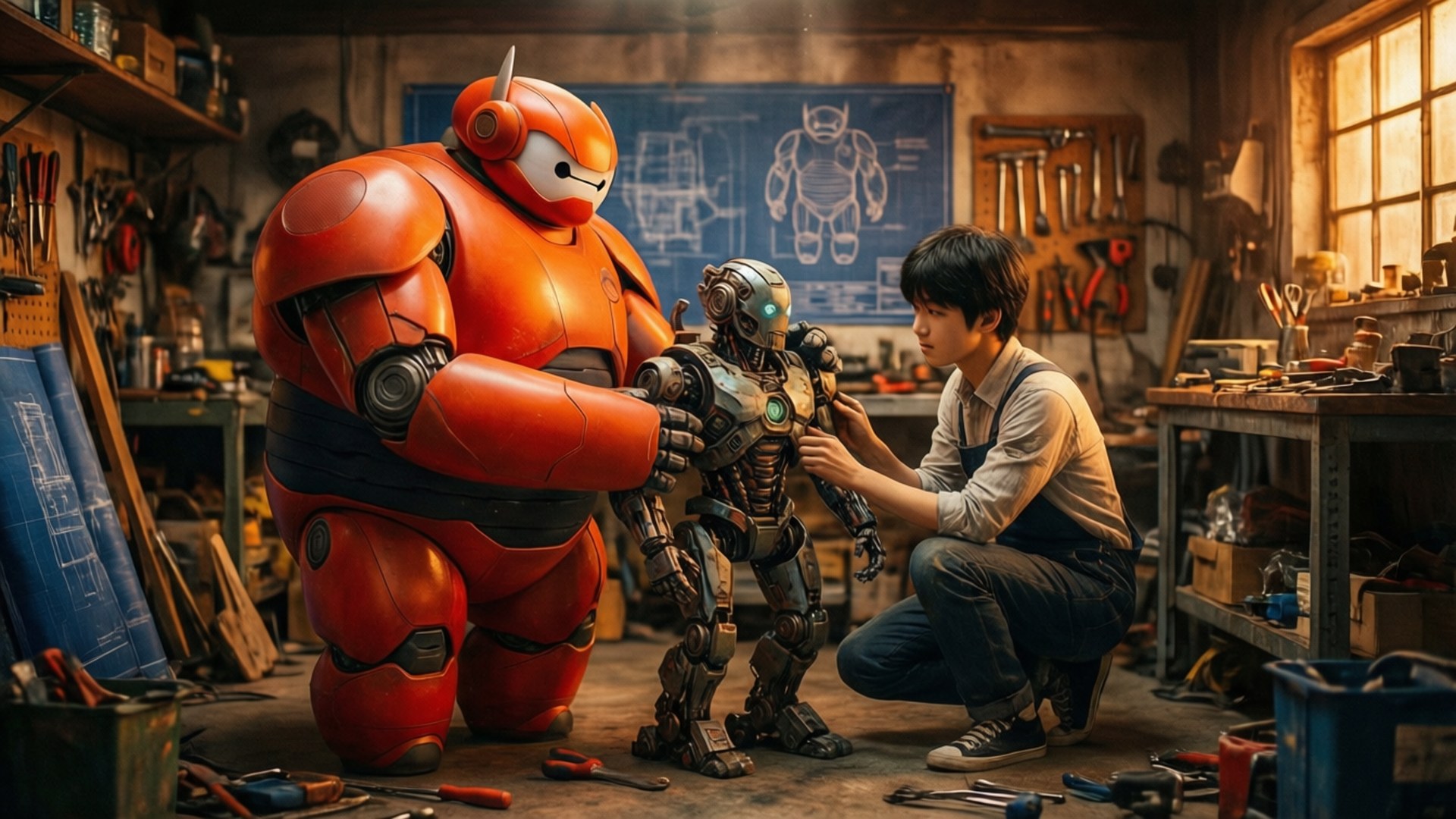 Brothers Inventing 壁紙 — 一位年輕發明家跪在雜亂的工作室裡調整一個小機器人，而一個巨大的紅色機器人在他旁邊觀看。