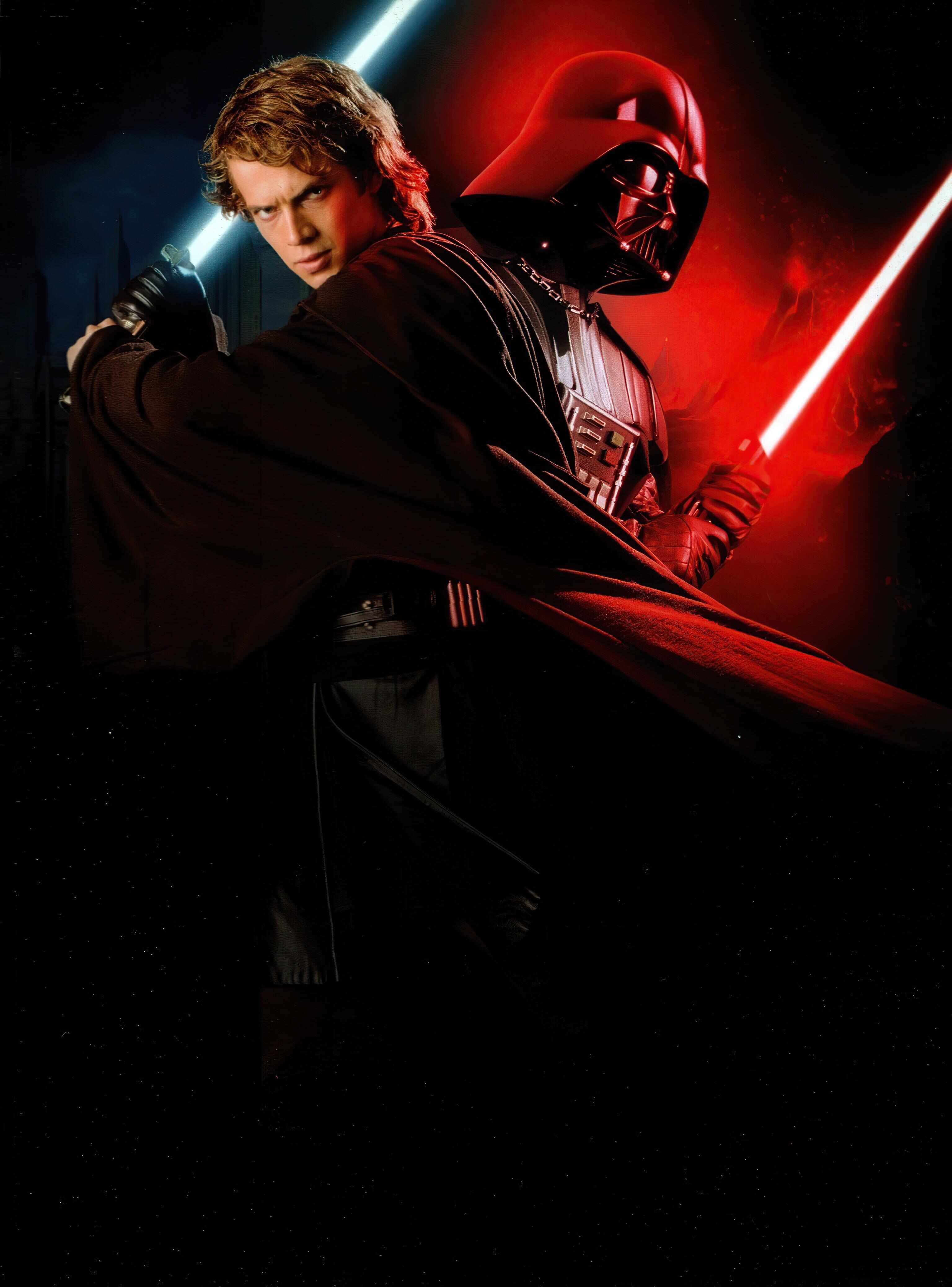 Anakin 桌布 壁紙 — 年輕的絕地武士安納金·天行者與達斯·維達在星空太空背景下進行了一場戲劇性的光劍決鬥。