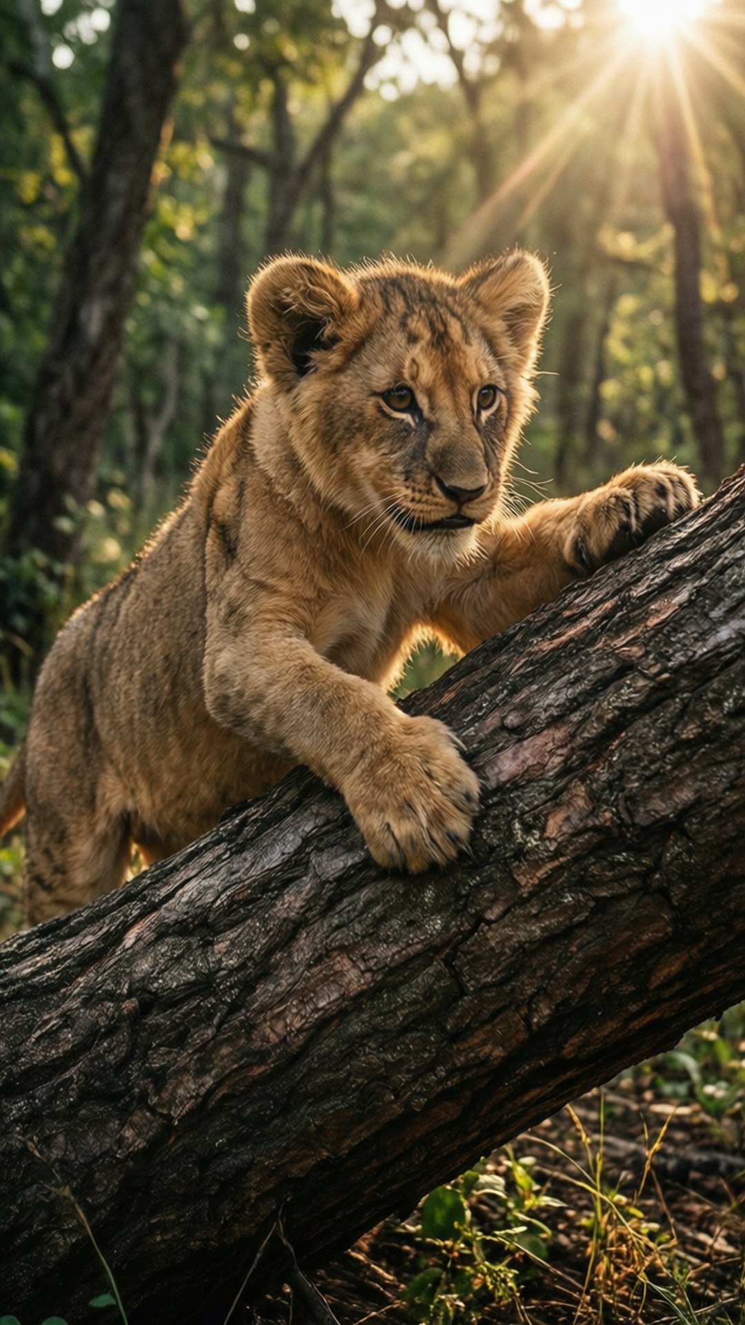 Cub Climbs 壁紙 — 一隻金色毛髮的幼獅抓住粗樹幹，陽光穿過後方森林樹冠照射進來。