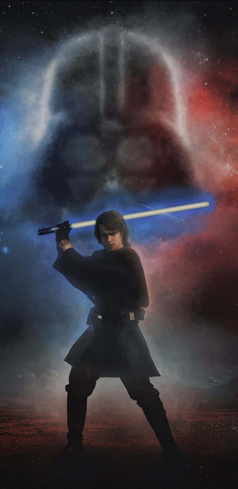  壁紙 — 年輕的Luke Skywalker手持藍色光劍，身後是達斯維德的剪影在宇宙星空中若隱若現。